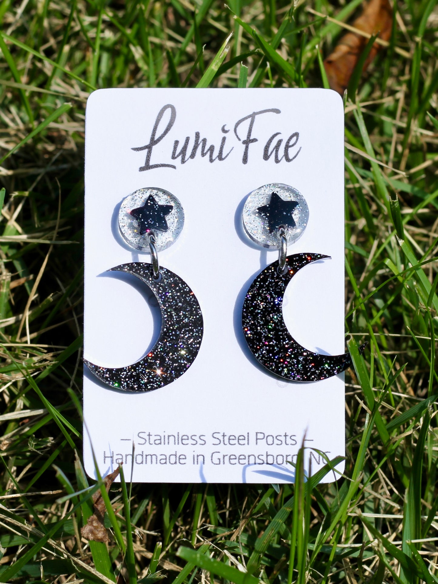 Black Moon Star Illusion Dangle Earrings on Stainless Steel Posts with Holographic Glitter, Resin, Handmade