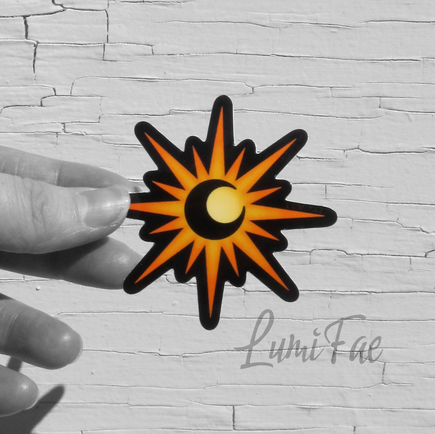 Moon in Sun Eclipse Sticker - Crescent Moon Sunburst Design, 2.5 inches, waterproof, glossy, celestial - LumiFae