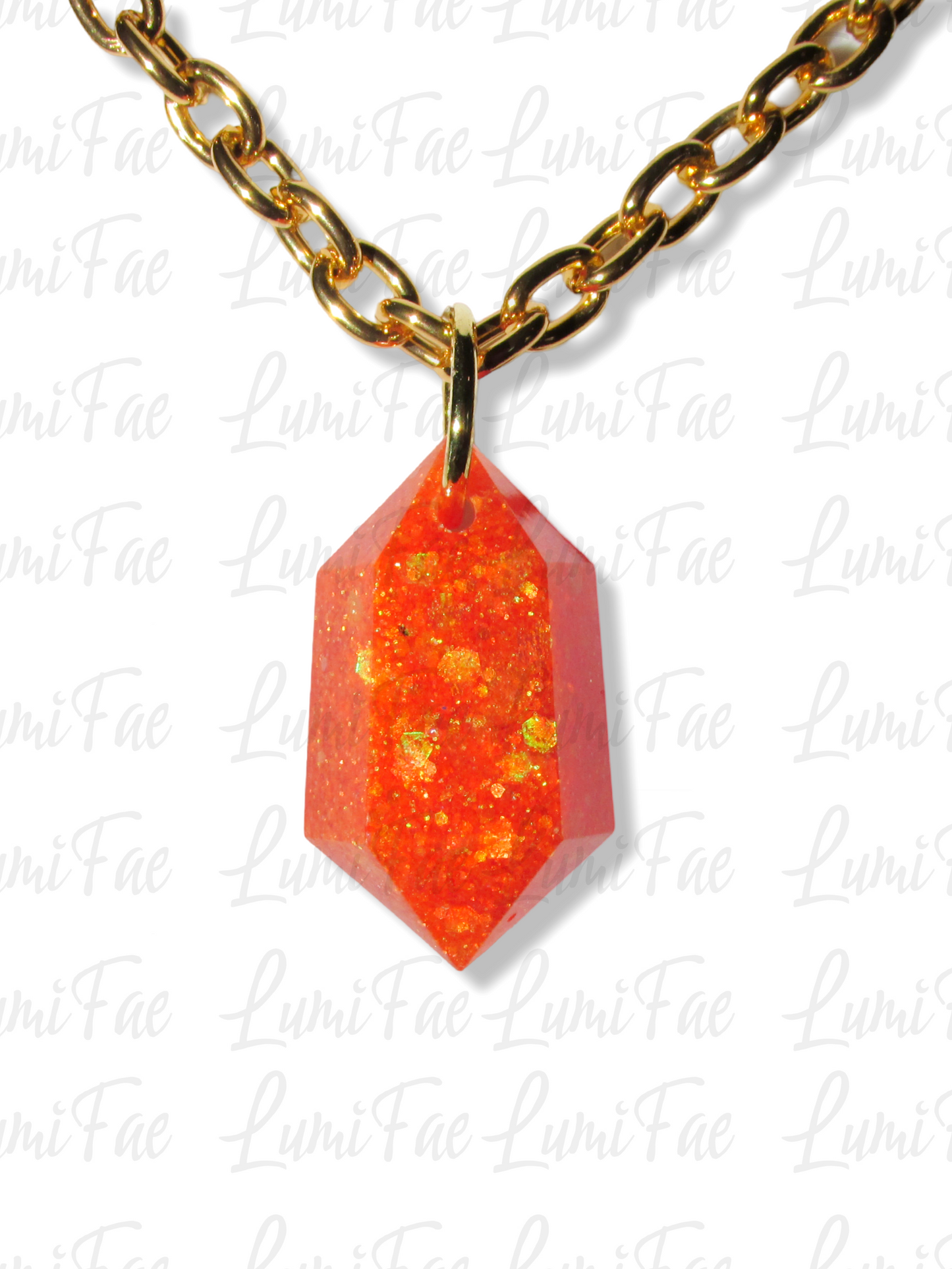 Sparkly Orange Gem Necklace - Bold Statement Jewelry, Gold Aluminum Chain, Resin Pendant, Handmade - LumiFae