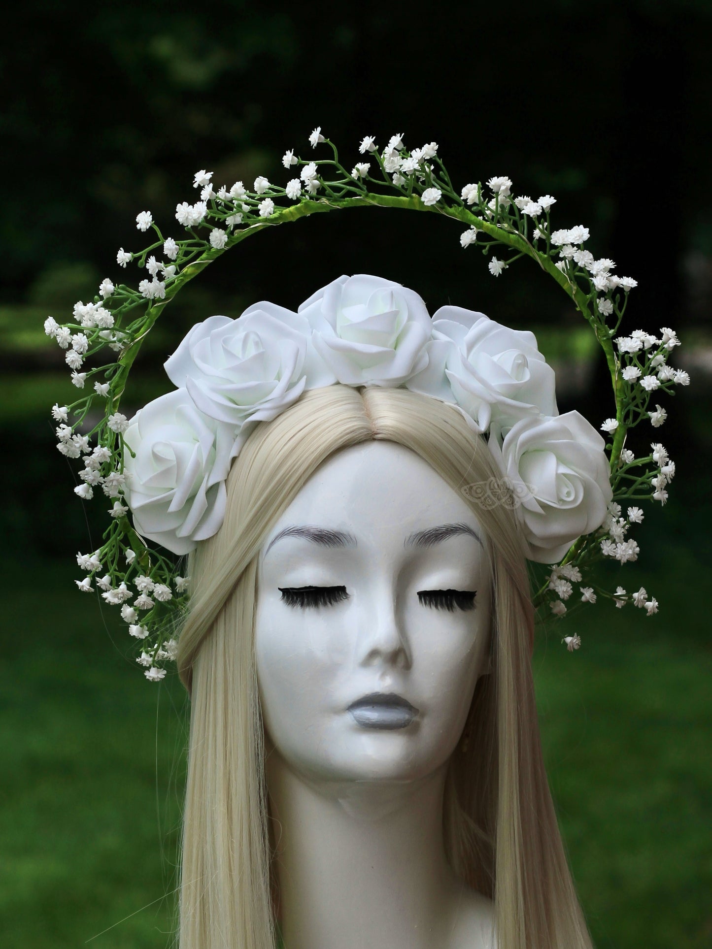 Glowing White Roses and Baby’s Breath Halo, Fairytale Bridal Crown