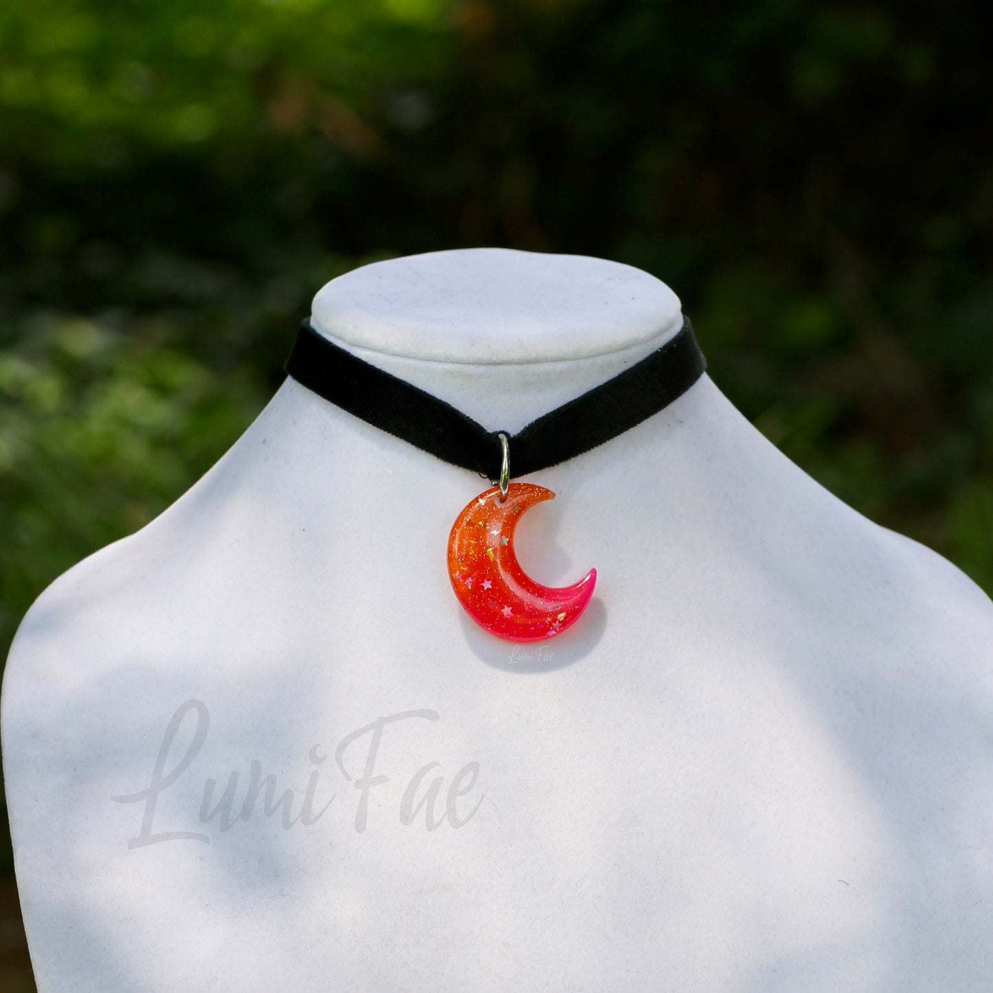 Sunset Crescent Moon Choker - Black Velvet Adjustable Necklace, Resin Pendant, Handmade - LumiFae