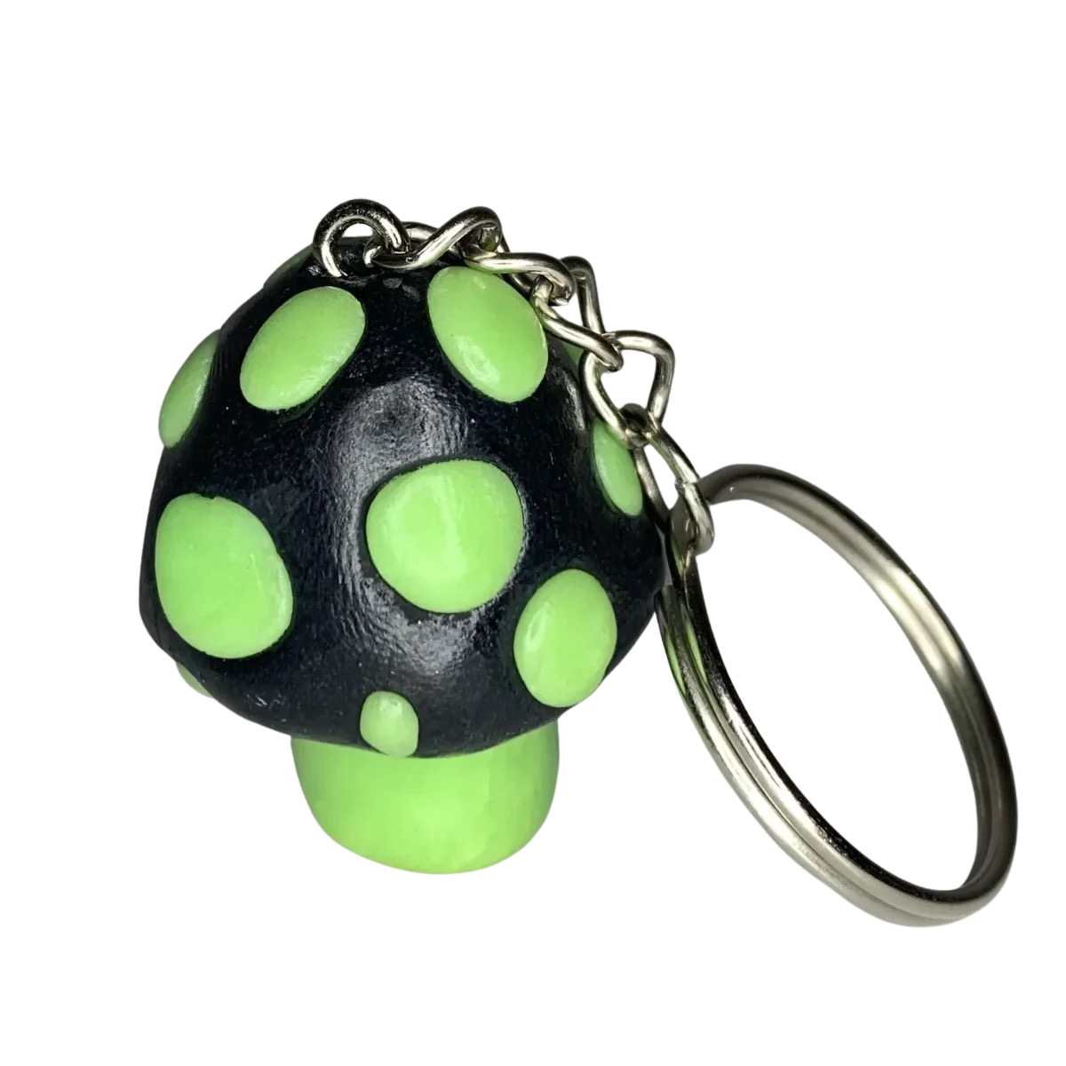 Black and Glow-in-the-Dark Green Goth Mushroom Keychains, cute, cartoon, stylized