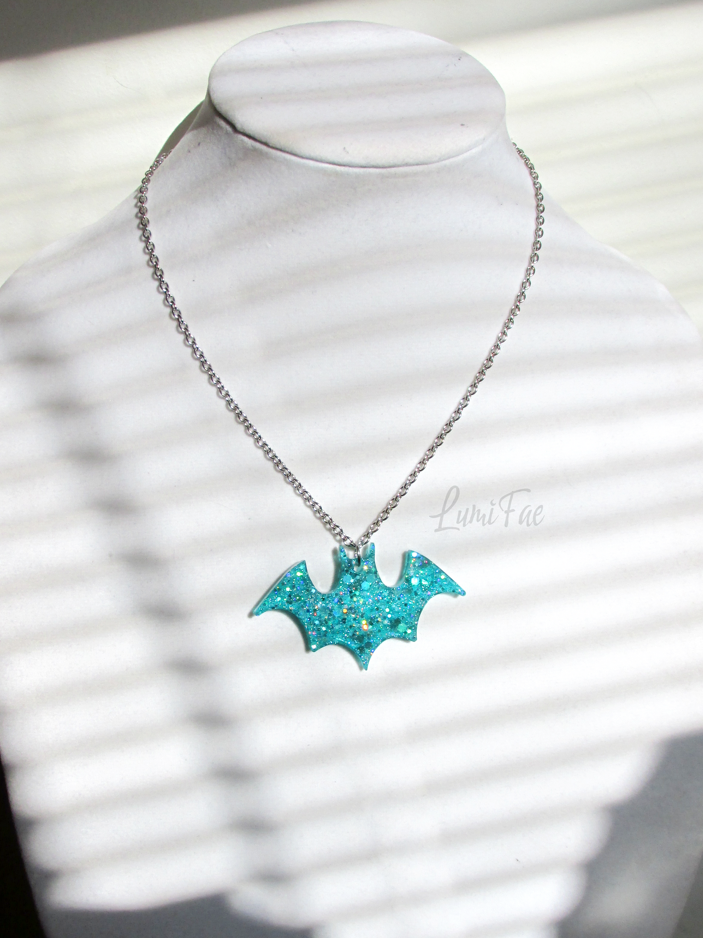 Sparkly Blue Bat Necklace - Glitter Aqua Turquoise Resin Pendant, Halloween Jewelry, Handmade - LumiFae