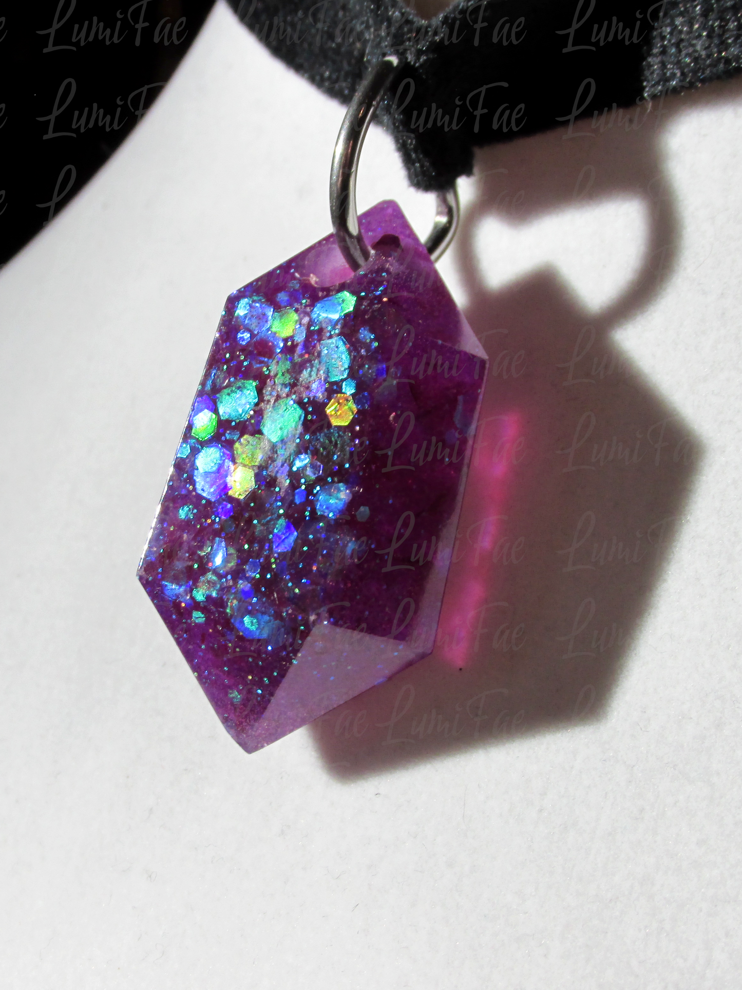 Purple Glitter Gem Choker - Black Velvet, Adjustable Necklace, Resin Pendant, Handmade- LumiFae