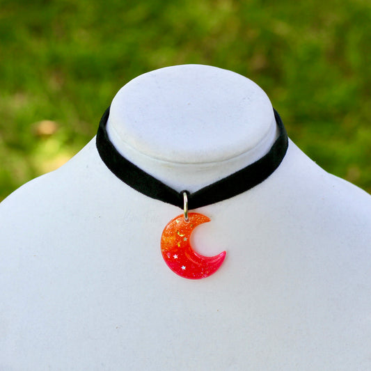 Sunset Crescent Moon Choker - Black Velvet Adjustable Necklace, Resin Pendant, Handmade - LumiFae