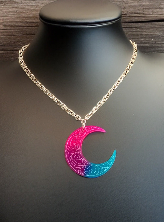 1.5” Pink Purple Blue Etched Crescent Moon Pendant