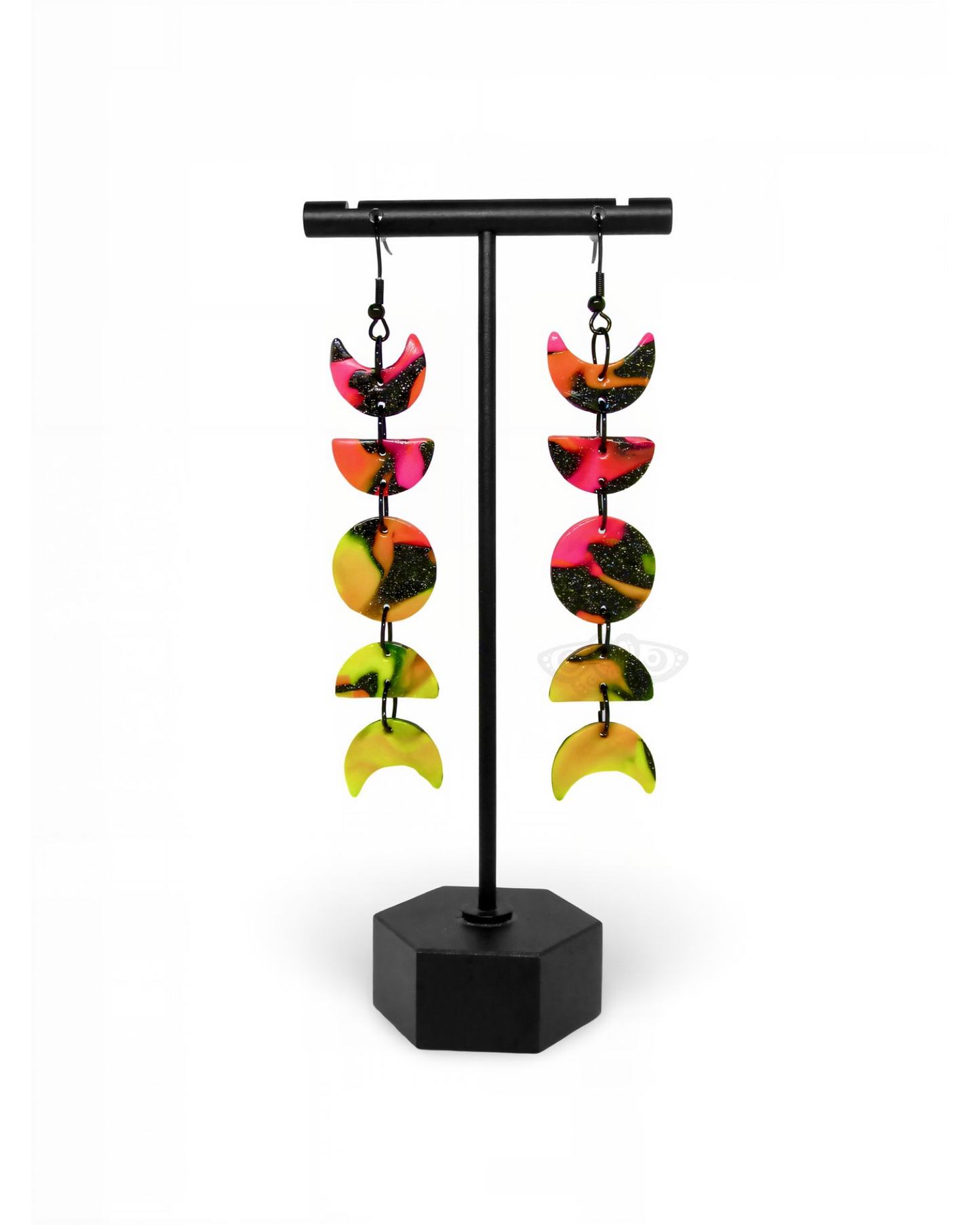 Moon Phase Earrings, Pink Orange Yellow and Sparkly Black, Lightweight, Handmade