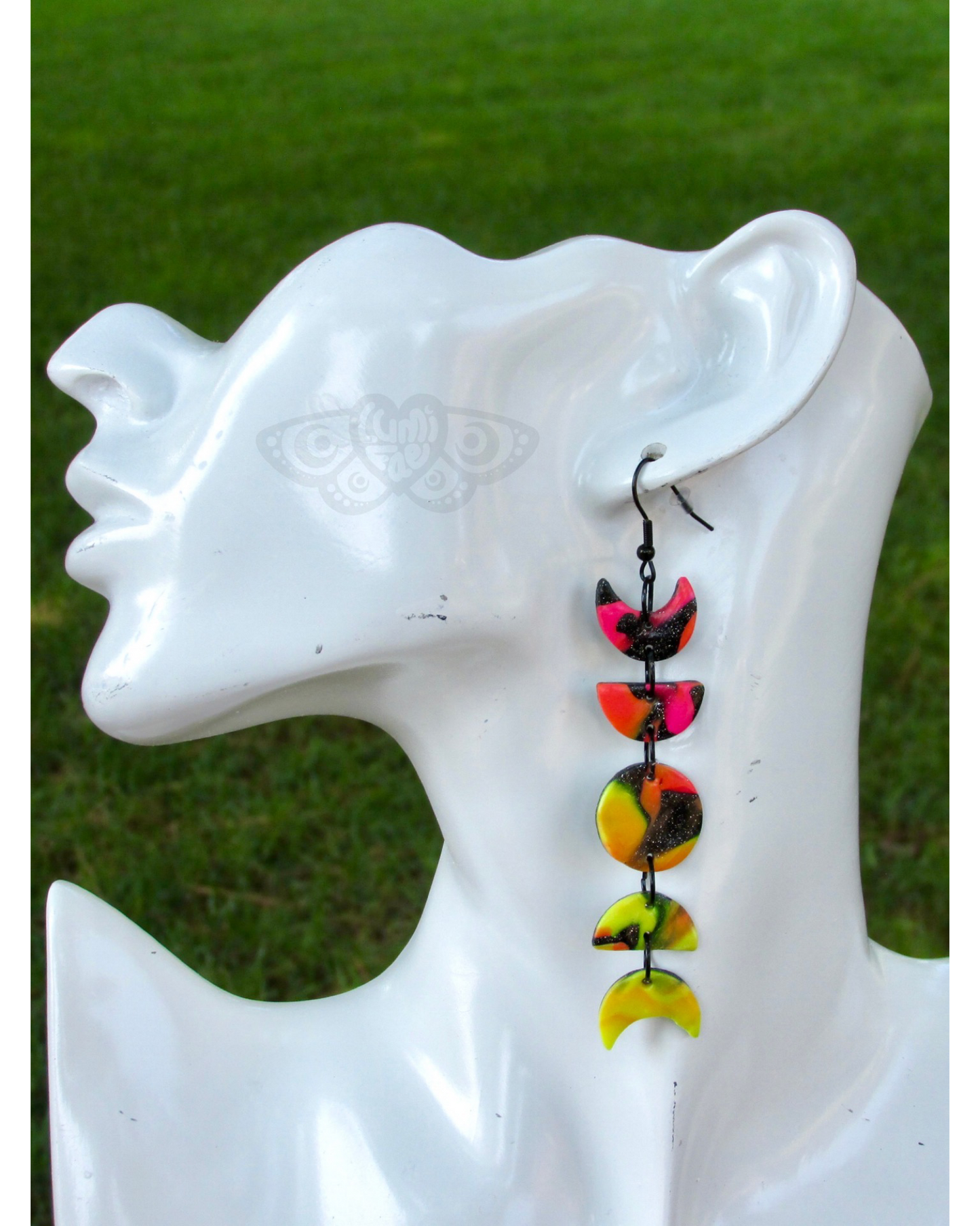 Moon Phase Earrings, Pink Orange Yellow and Sparkly Black, Lightweight, Handmade