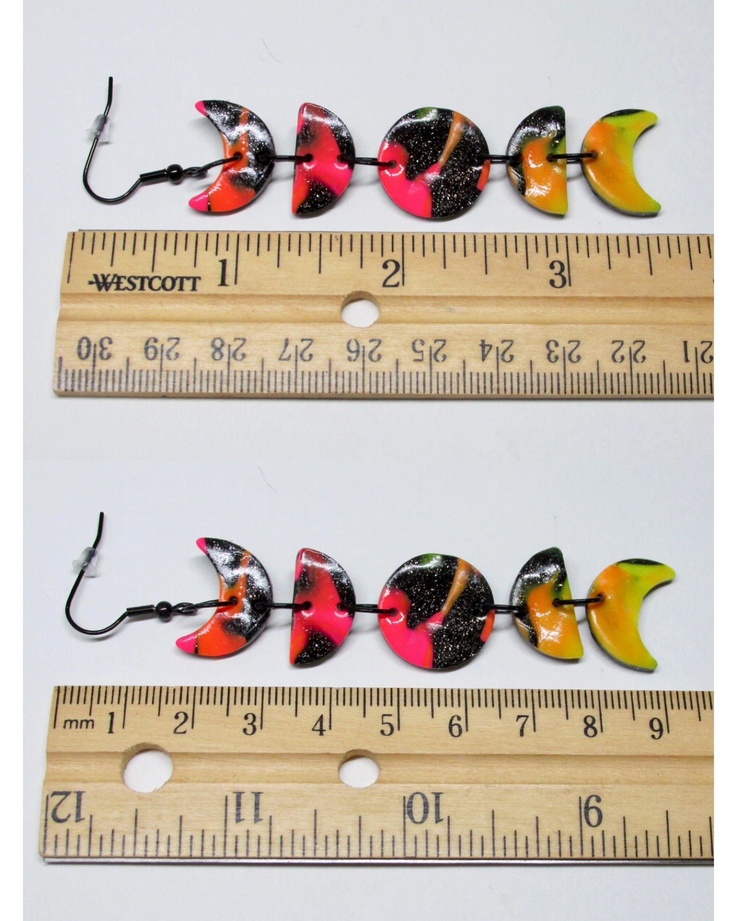 Moon Phase Earrings, Pink Orange Yellow and Sparkly Black, Lightweight, Handmade