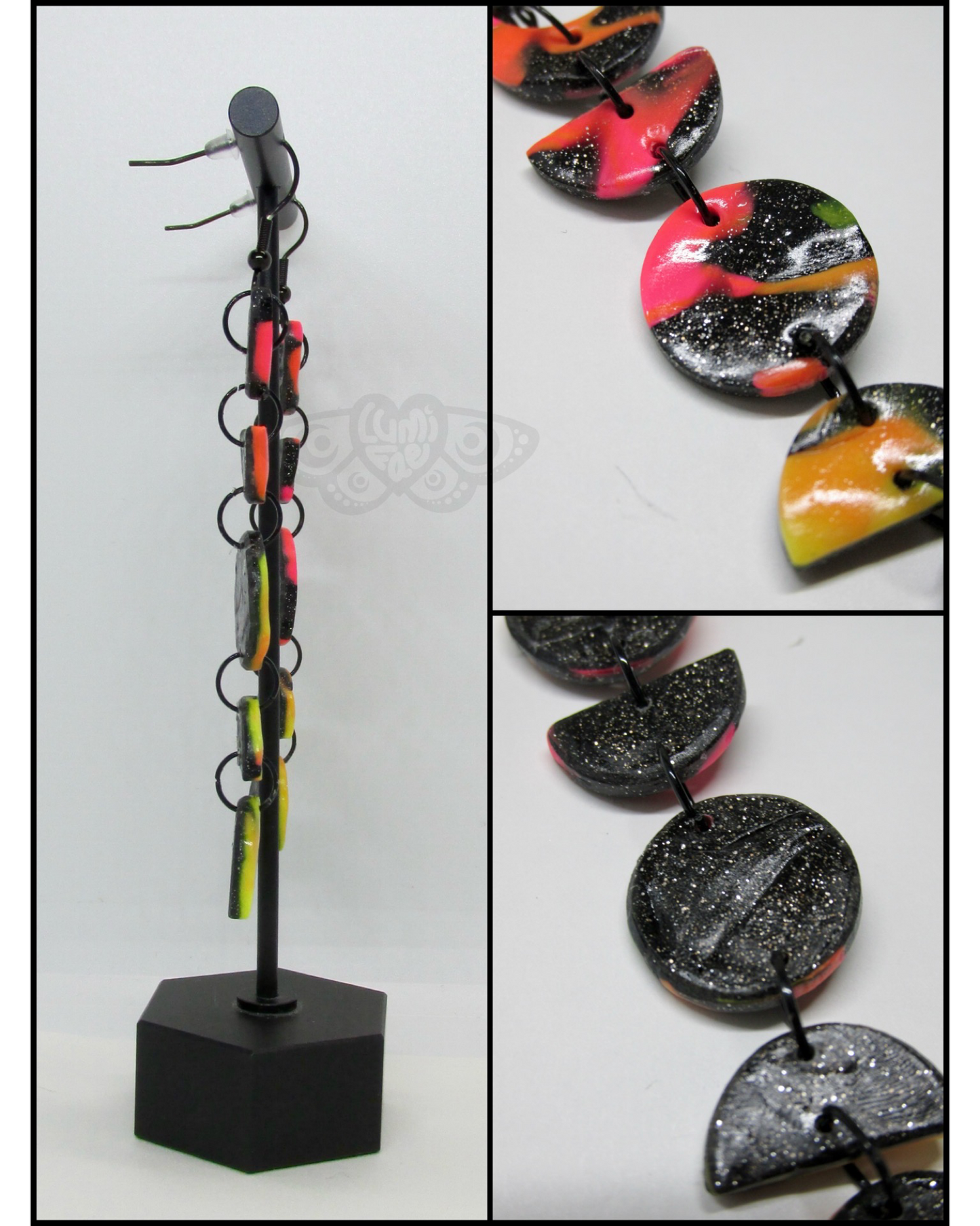 Moon Phase Earrings, Pink Orange Yellow and Sparkly Black, Lightweight, Handmade