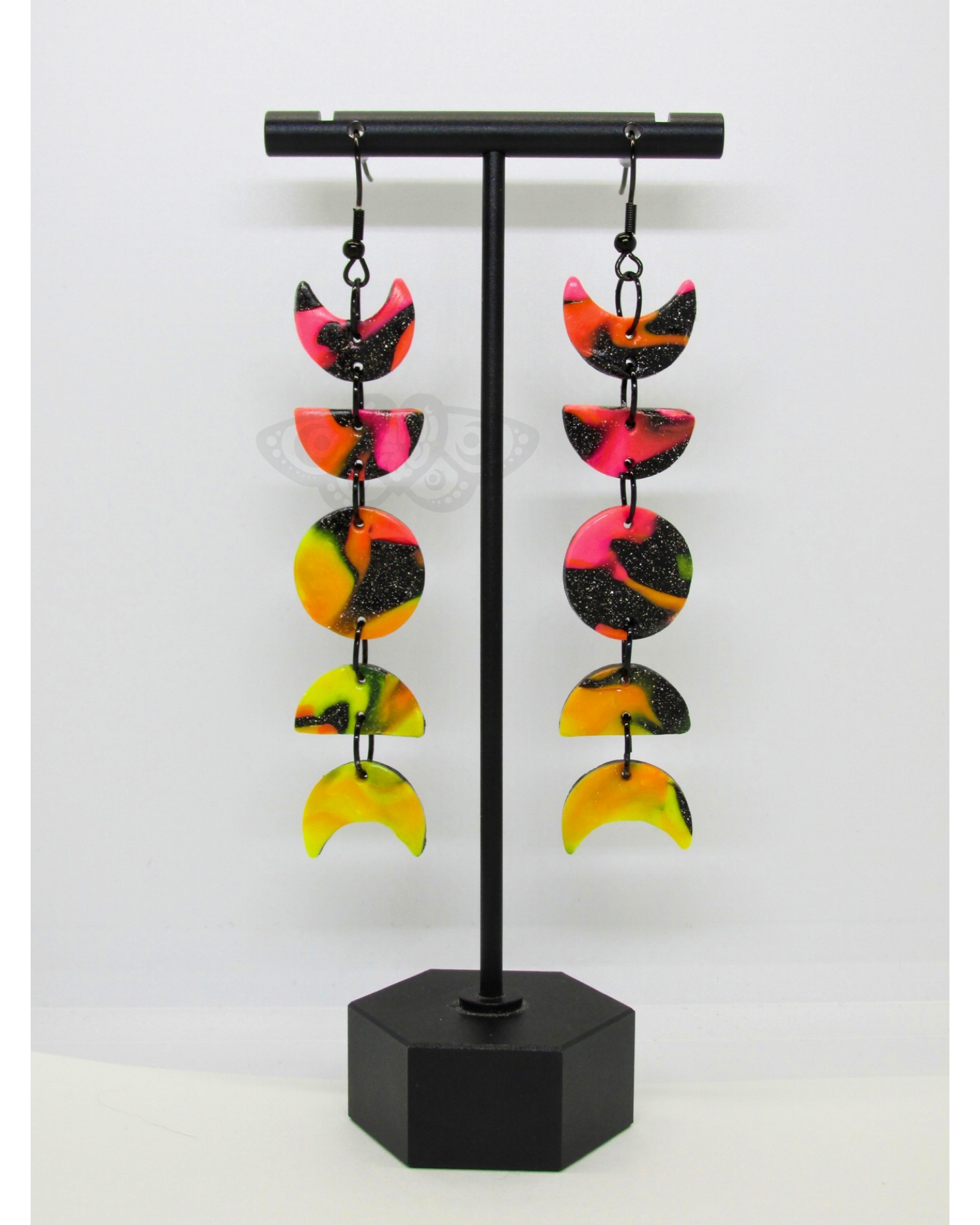Moon Phase Earrings, Pink Orange Yellow and Sparkly Black, Lightweight, Handmade
