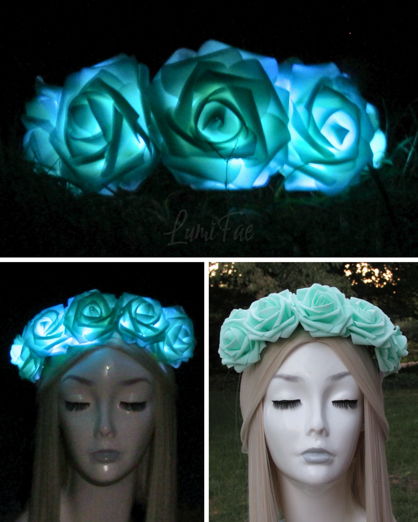 LED Rose Crown - Glowing Flower Tiara, Light up Headband, Festival Bride, Romantic, Handmade - LumiFae