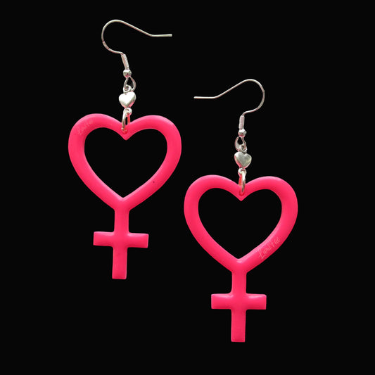 Hot Pink Heart Female Symbol Sterling Silver Earrings, Girl Power