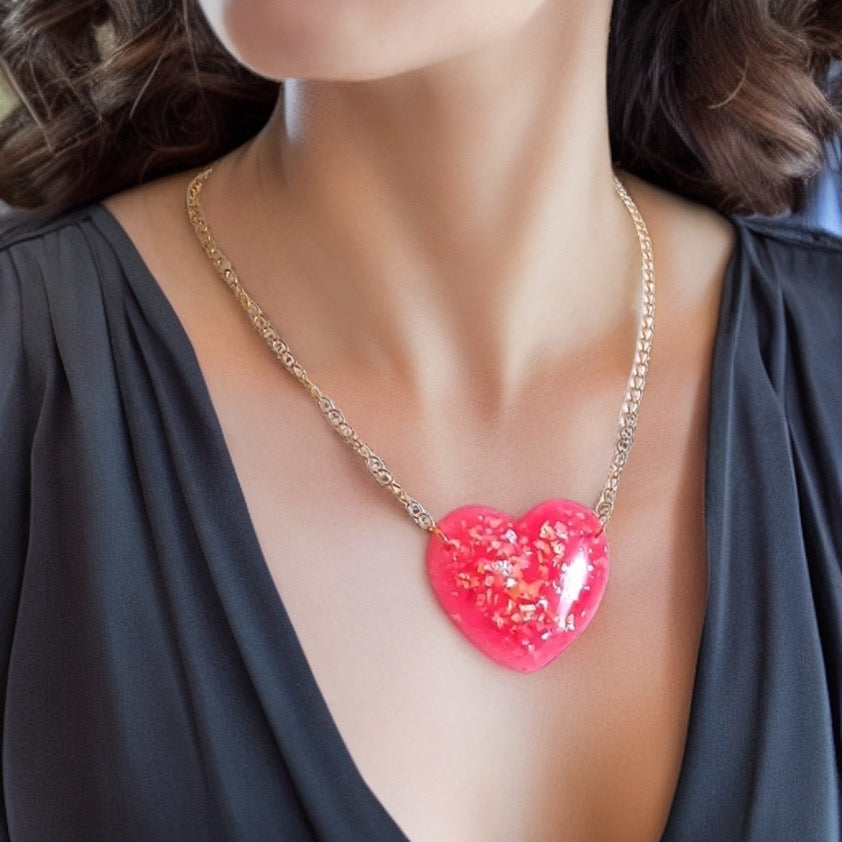 Pink Glitter Heart Necklace on Gold Plated Chain