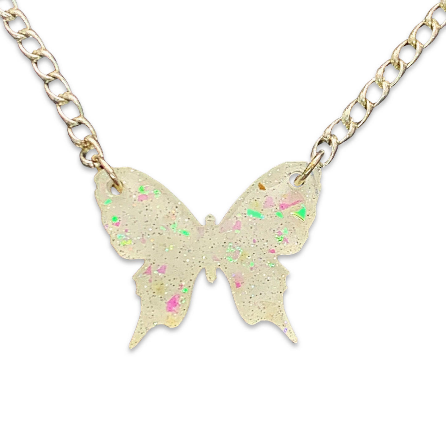 Sparkly Off White Butterfly Necklace with Iridescent Glitter