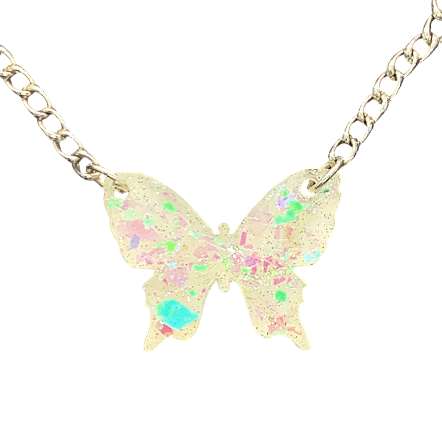 Sparkly Off White Butterfly Necklace with Iridescent Glitter
