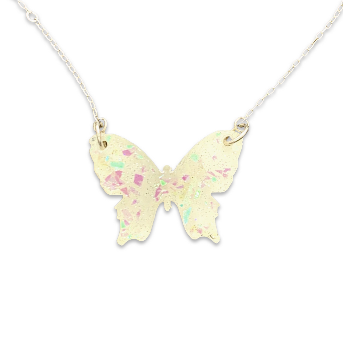 Sparkly Off White Butterfly Necklace with Iridescent Glitter