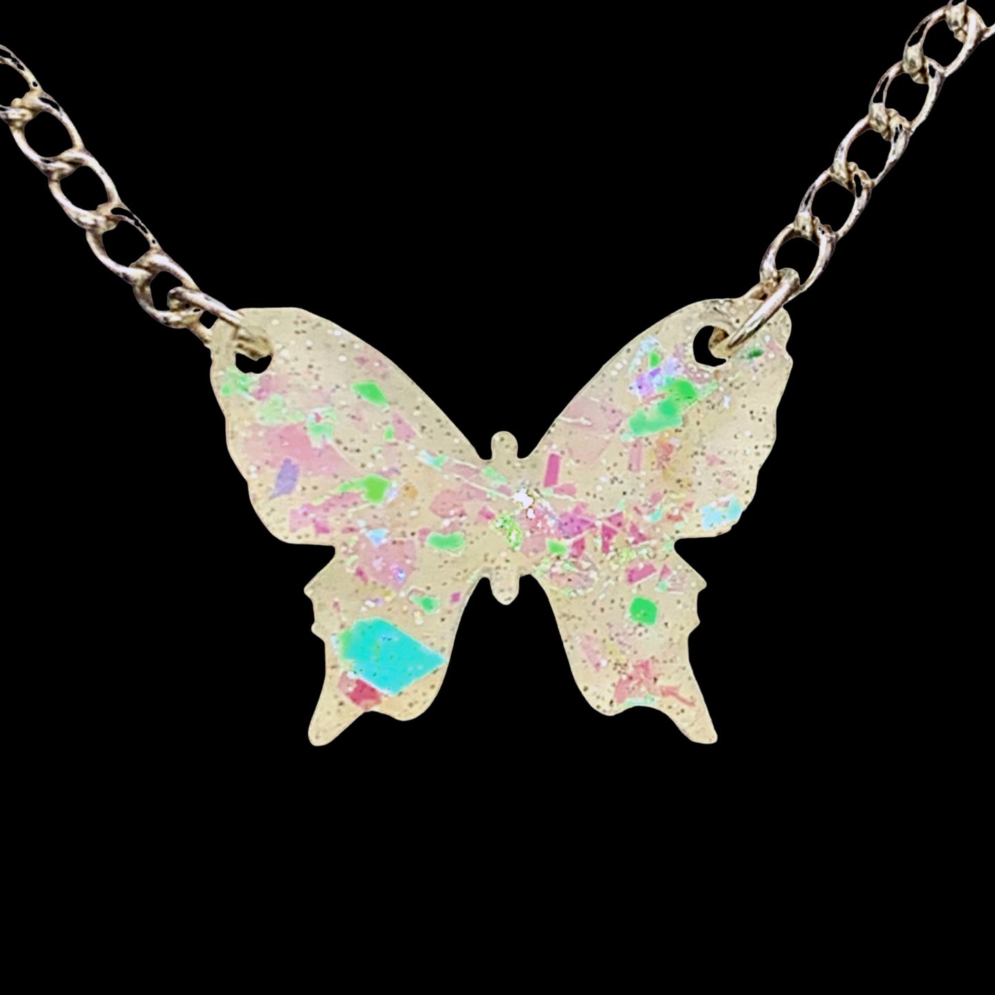 Sparkly Off White Butterfly Necklace with Iridescent Glitter