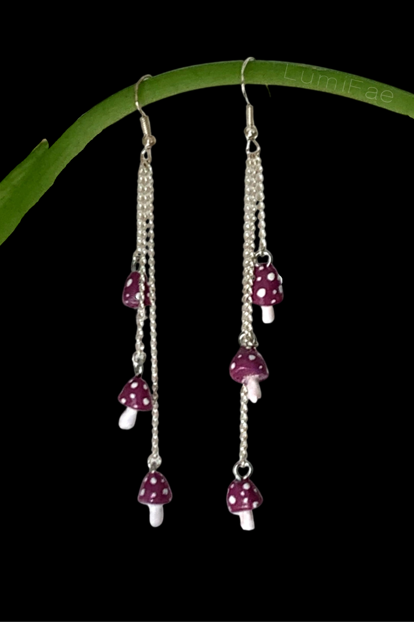 Mushroom Cascade Earrings, tiny Purple Spotted Mushrooms