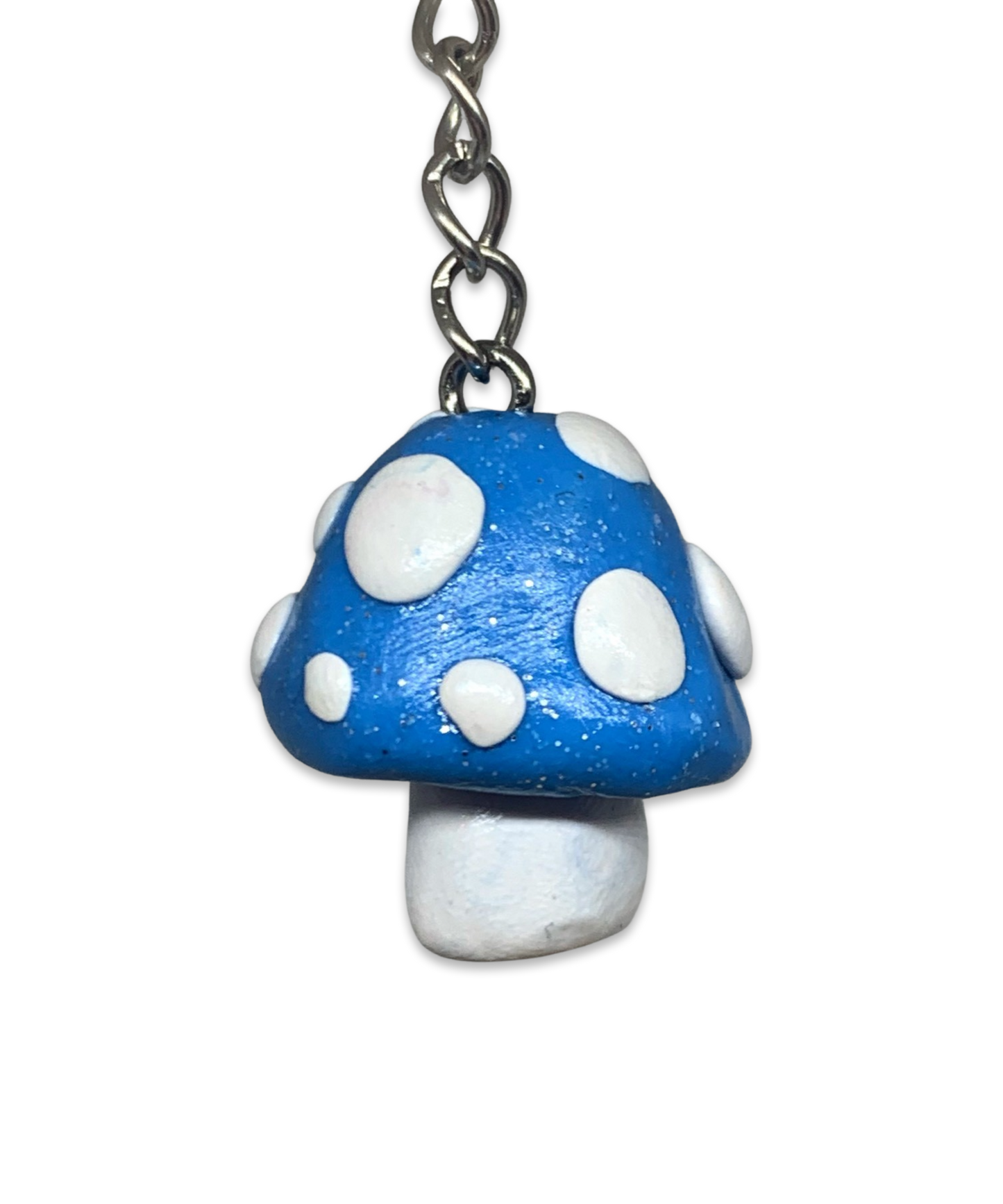 Sparkly Bright Blue Spotted Mushroom Keychains, cartoon, cute, stylized