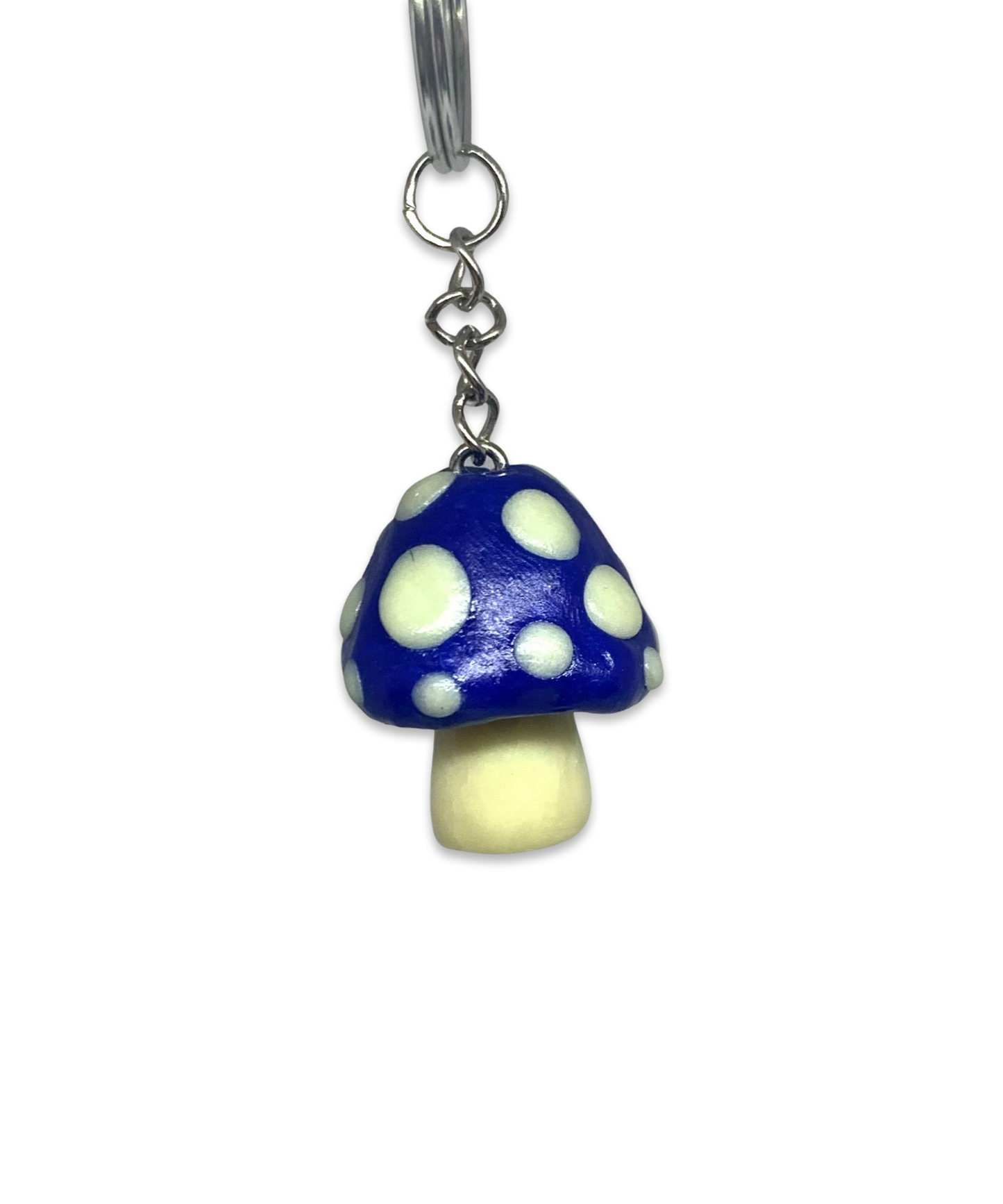 Blue and Glow-in-the-Dark Spotted Mushroom Keychains, cute, cartoon, stylized, Blacklight, UV reactive, glow