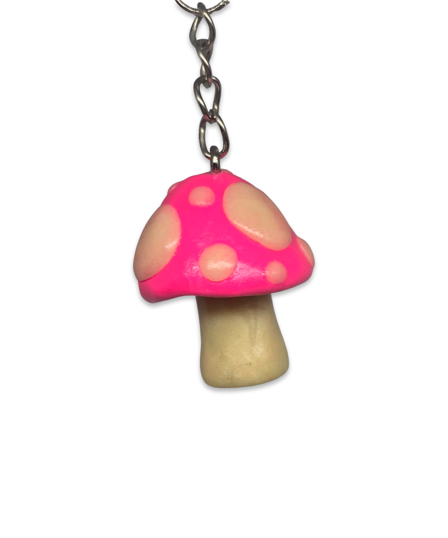 Bright Pink and Glow-in-the-Dark Spotted Mushroom Keychains, cute, cartoon, stylized, Blacklight, UV reactive, glow