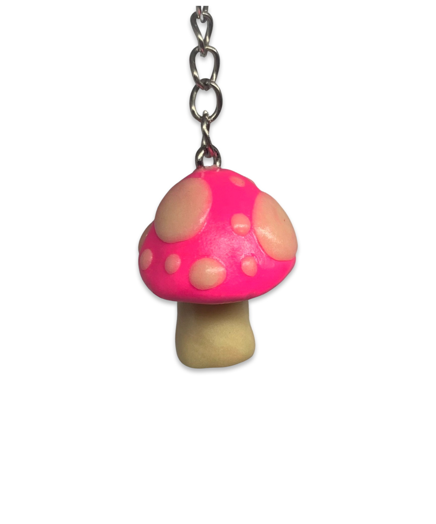 Bright Pink and Glow-in-the-Dark Spotted Mushroom Keychains, cute, cartoon, stylized, Blacklight, UV reactive, glow