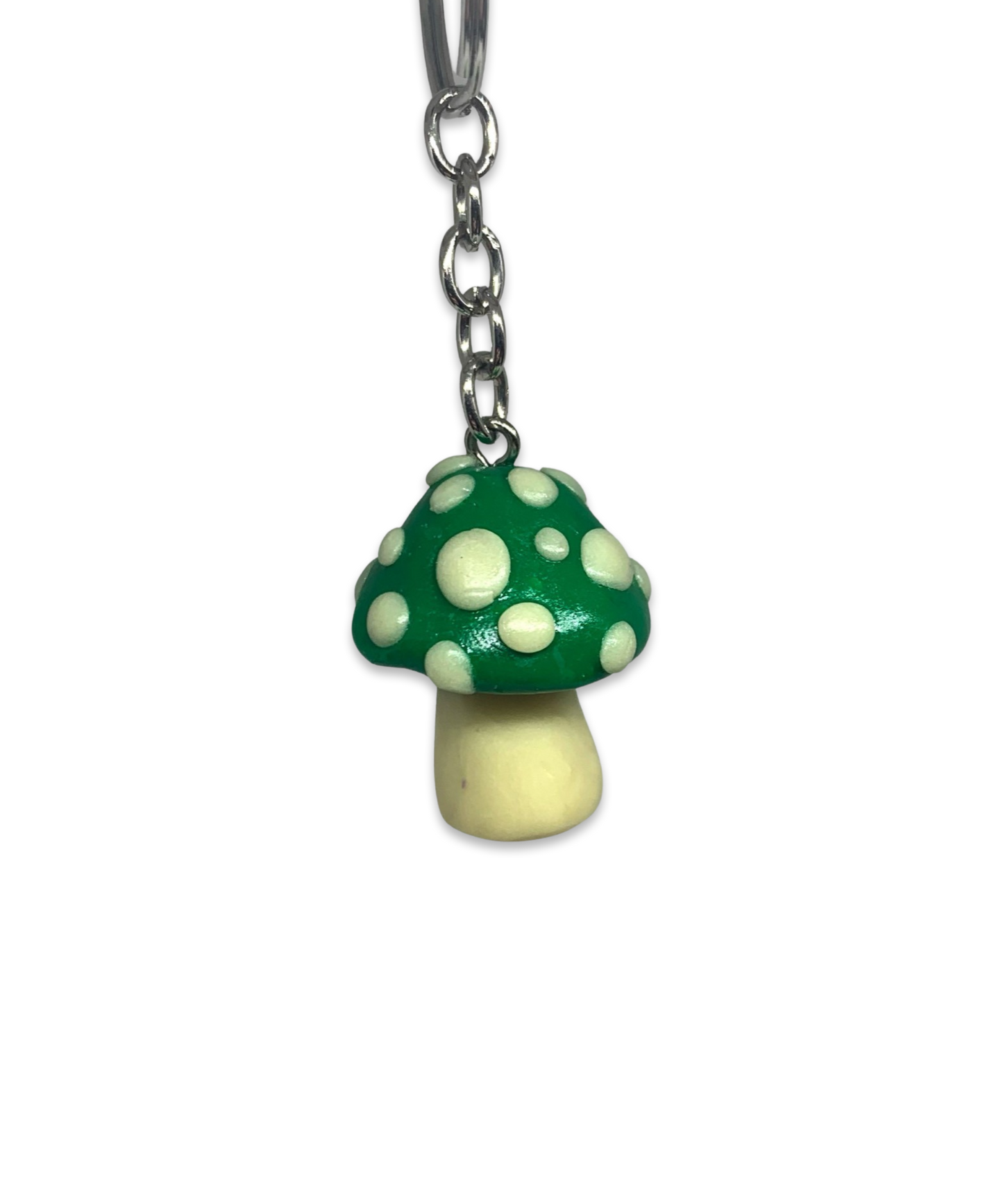 Green and Glow-in-the-Dark Spotted Mushroom Keychains, cute, cartoon, stylized, Blacklight, UV reactive, glow