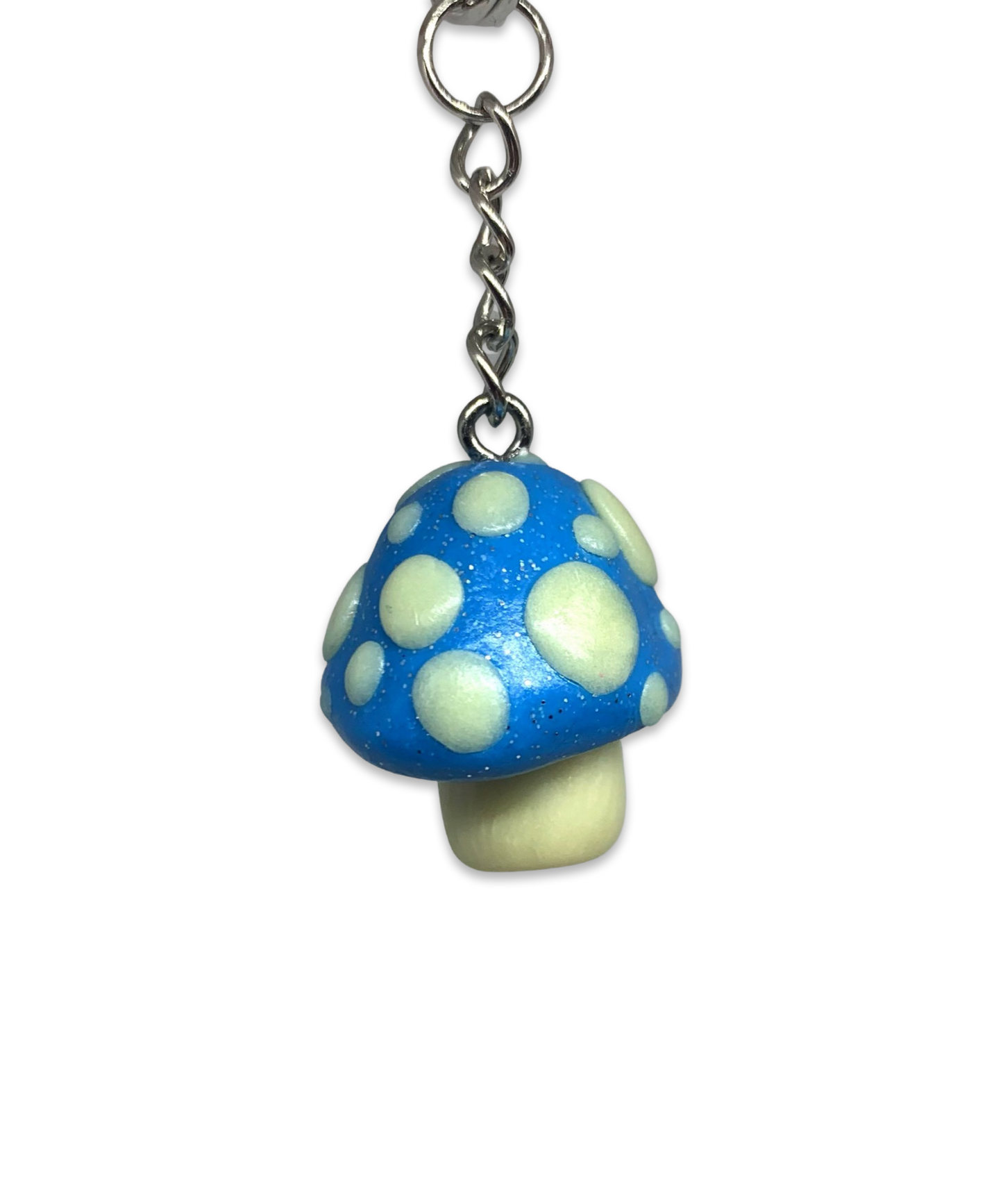 Glittery Bright Blue and Glow-in-the-Dark Spotted Mushroom Keychains, cute, cartoon, stylized, Blacklight, UV reactive, glow