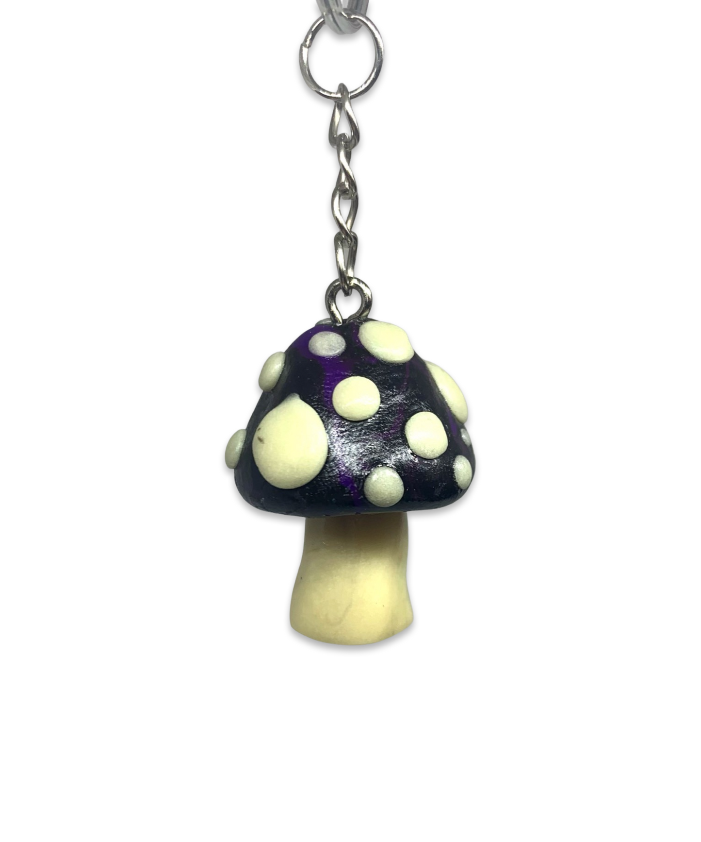 Black Purple and Glow-in-the-Dark Spotted Mushroom Keychains, cute, cartoon, stylized, Blacklight, UV reactive, glow