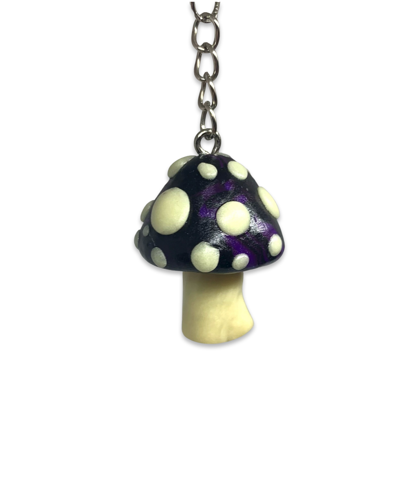 Black Purple and Glow-in-the-Dark Spotted Mushroom Keychains, cute, cartoon, stylized, Blacklight, UV reactive, glow
