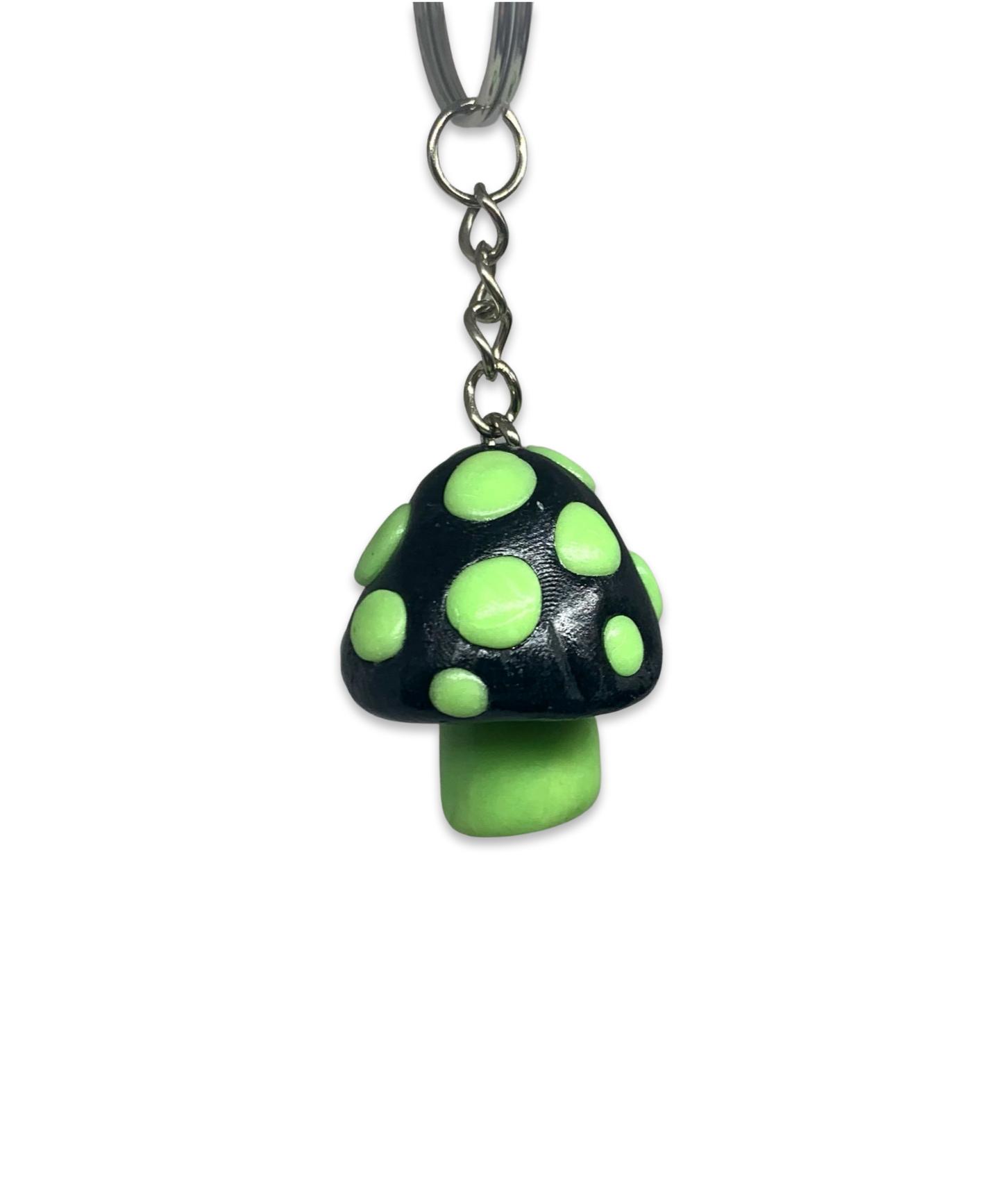 Black and Glow-in-the-Dark Green Goth Mushroom Keychains, cute, cartoon, stylized