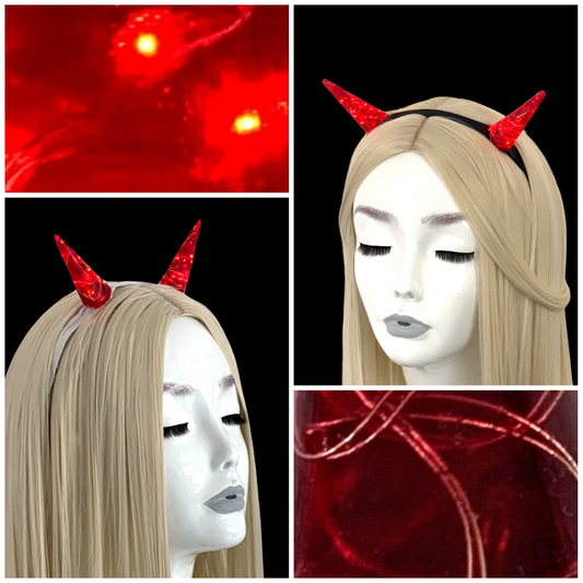 Tall Red LED Horns on elastic white, or black headband