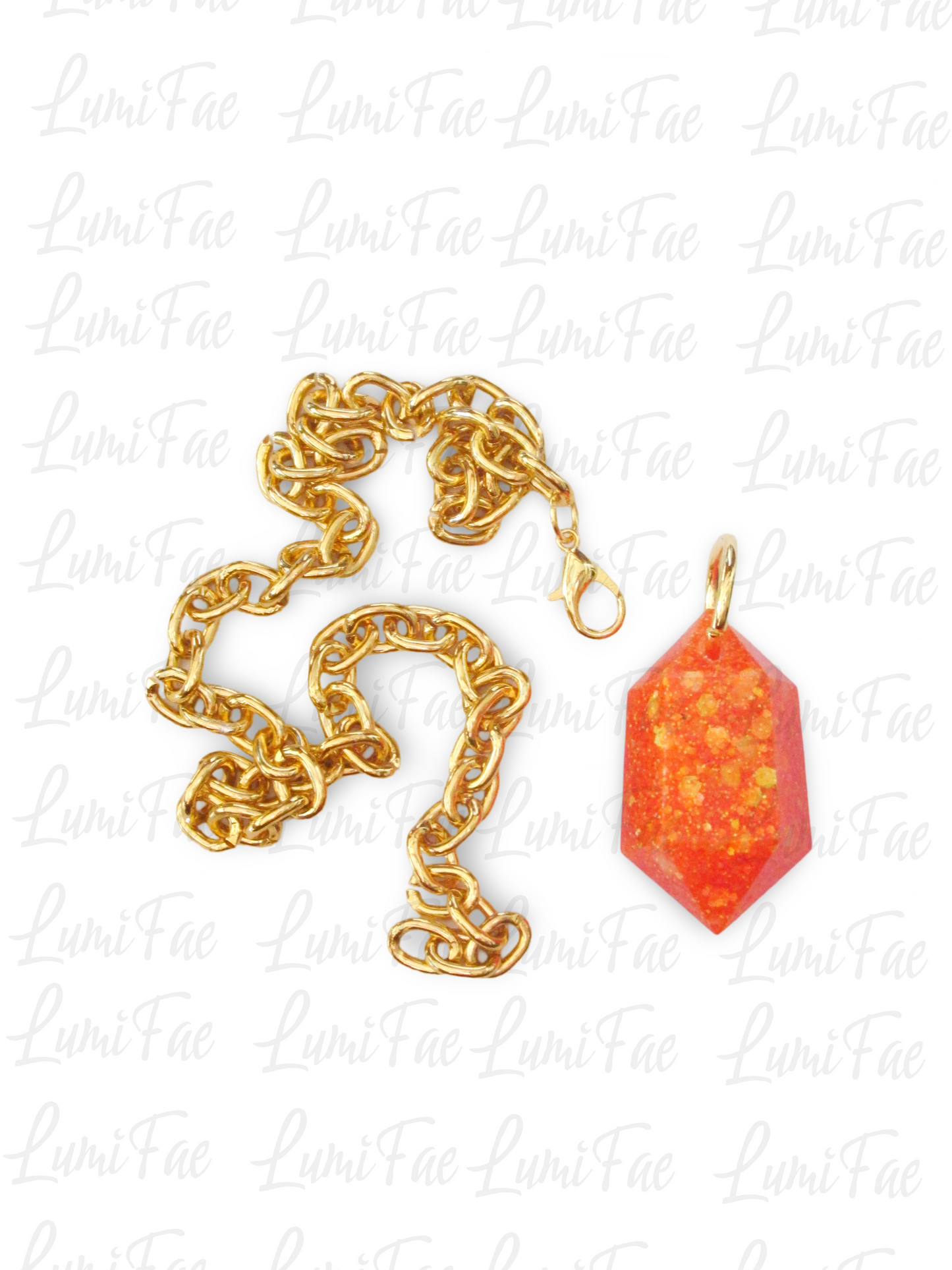 Sparkly Orange Gem Necklace - Bold Statement Jewelry, Gold Aluminum Chain, Resin Pendant, Handmade - LumiFae