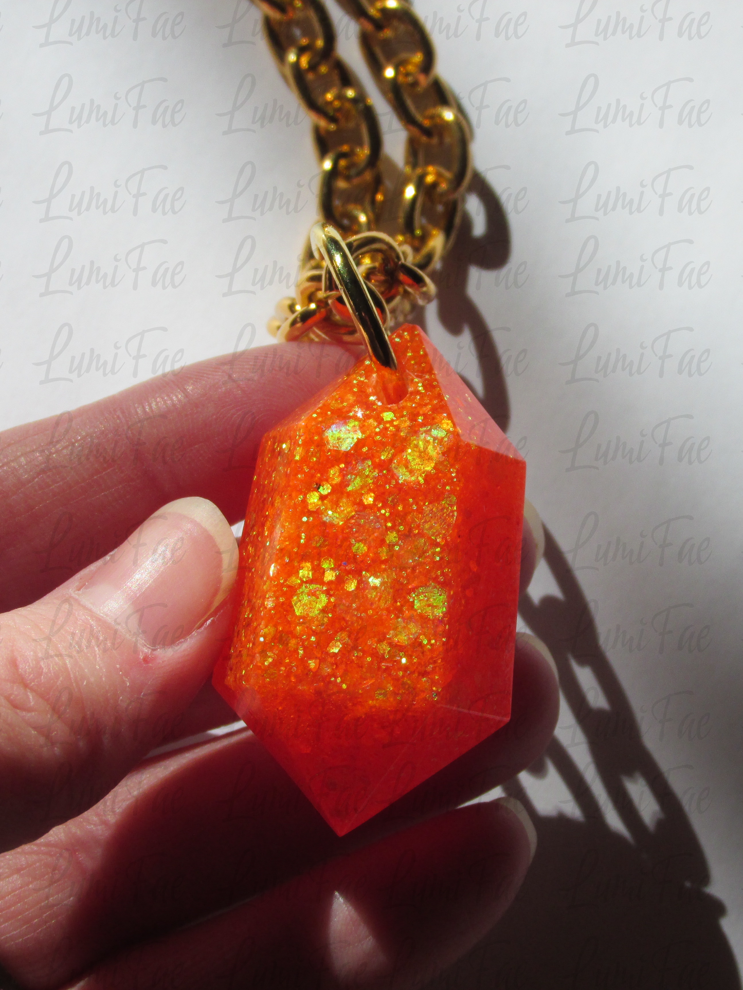 Sparkly Orange Gem Necklace - Bold Statement Jewelry, Gold Aluminum Chain, Resin Pendant, Handmade - LumiFae