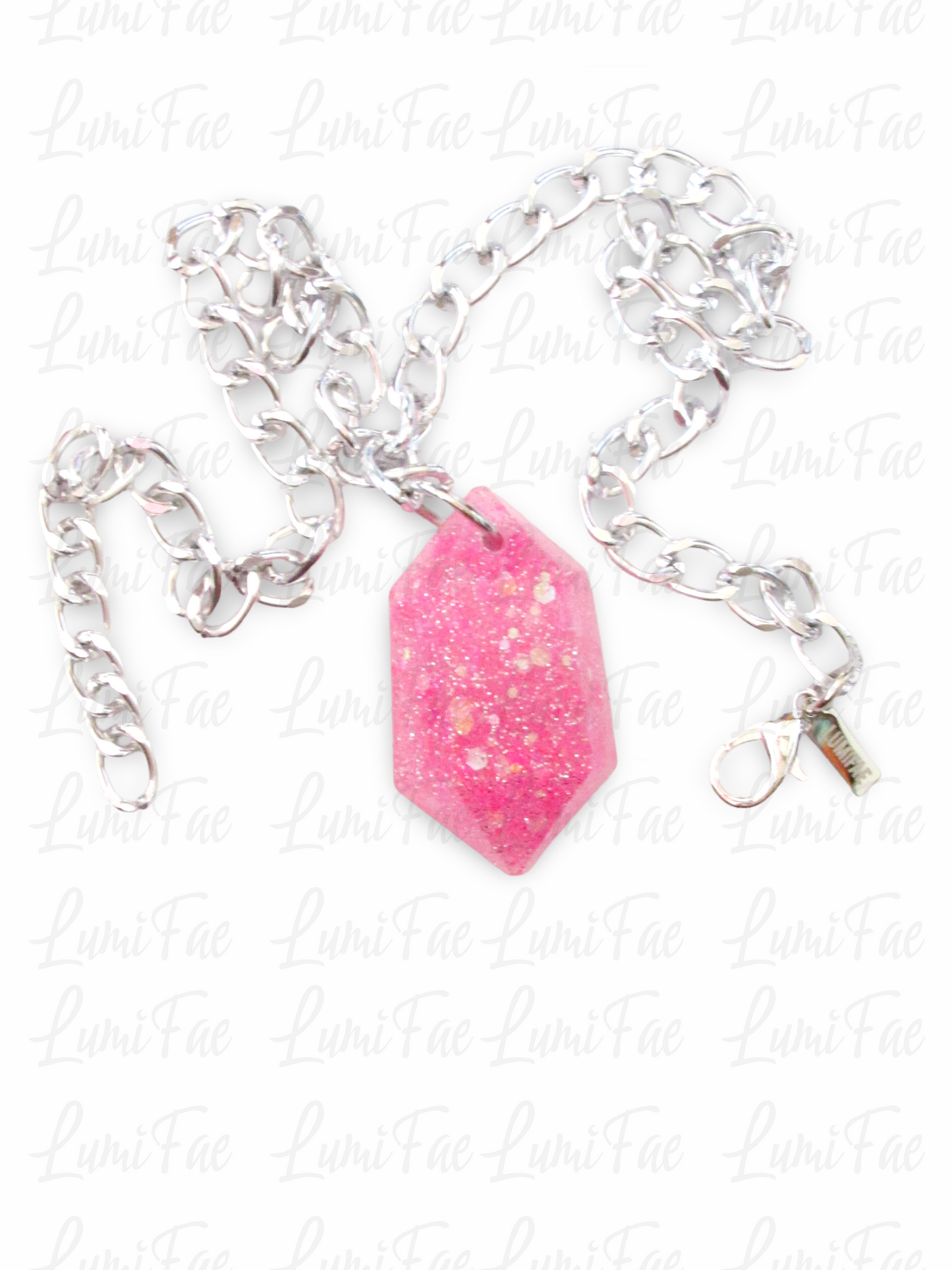 Sparkly Pink Gem Necklace - Bold Statement Jewelry, Lightweight Silver Aluminum, Resin Pendant, Handmade - LumiFae