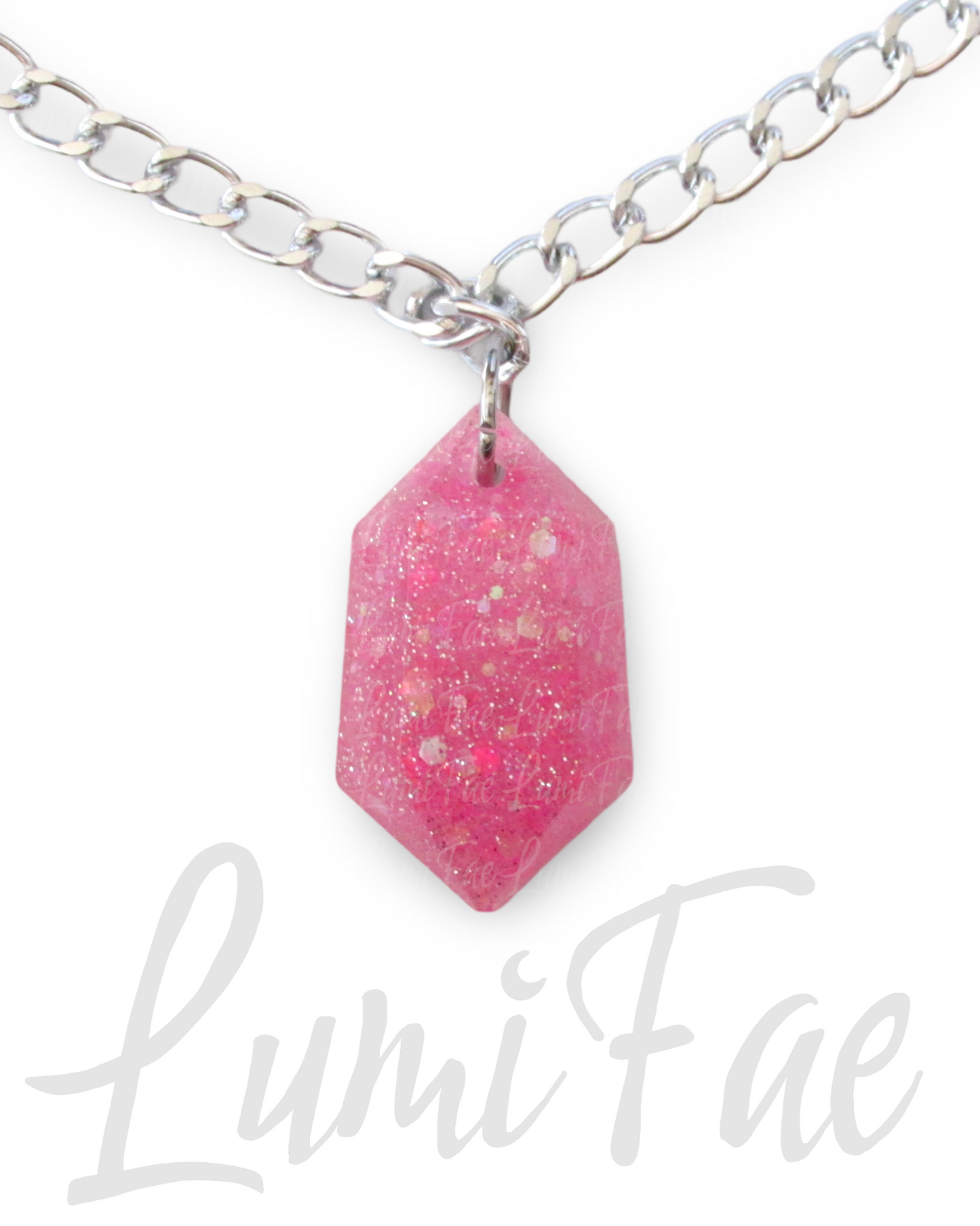Sparkly Pink Gem Necklace - Bold Statement Jewelry, Lightweight Silver Aluminum, Resin Pendant, Handmade - LumiFae