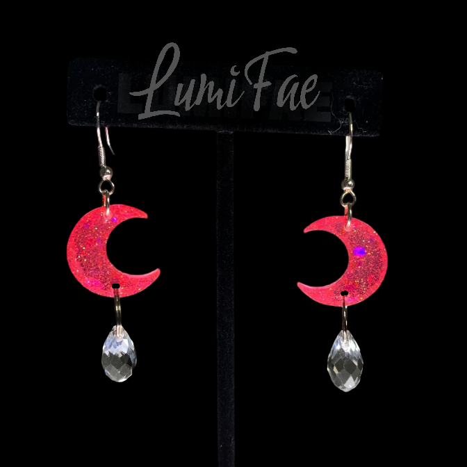 Hot Pink Glitter Moon Earrings - Sterling Silver Crystal Teardrops, hypoallergenic, resin, Handmade - LumiFae