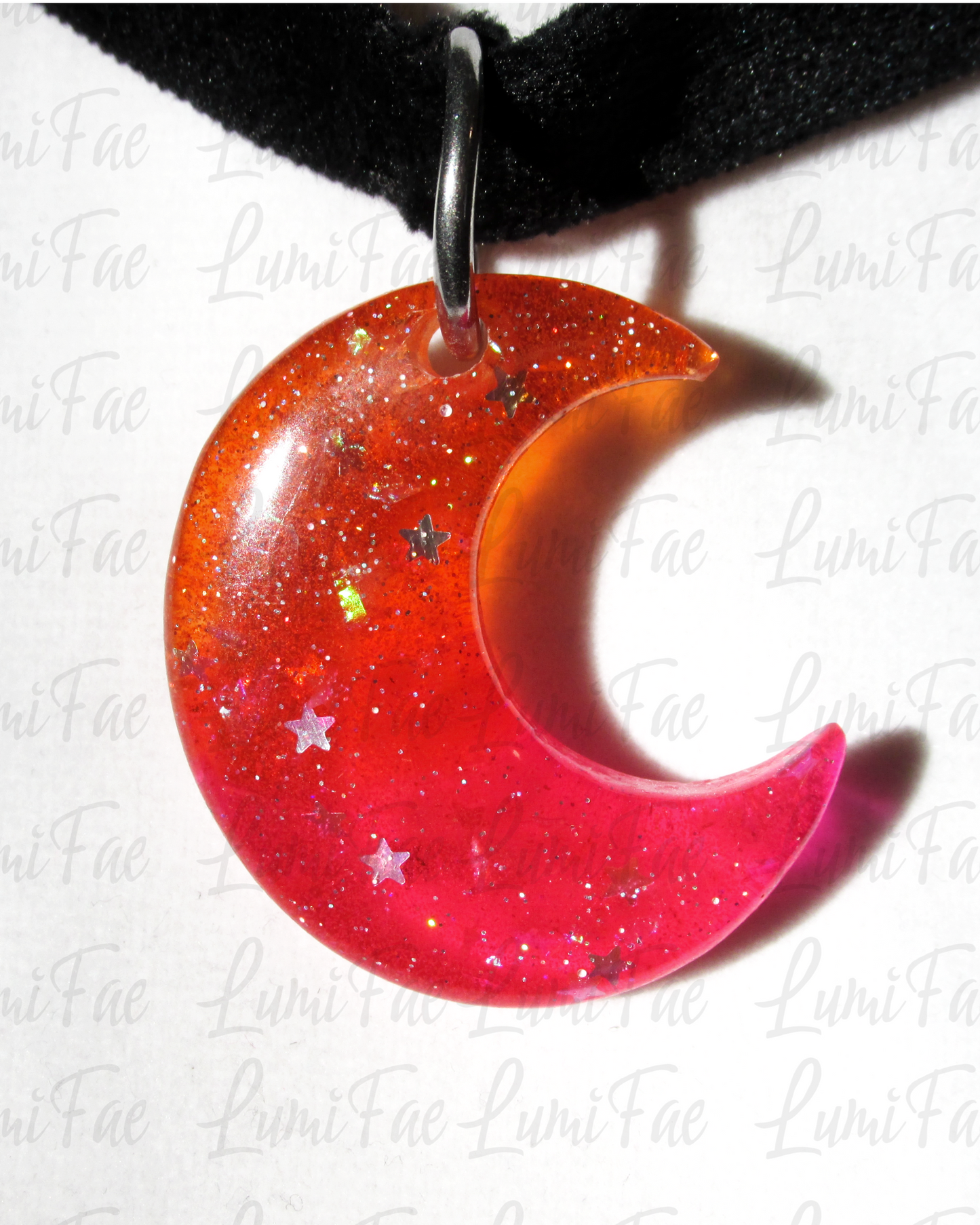Sunset Crescent Moon Choker - Black Velvet Adjustable Necklace, Resin Pendant, Handmade - LumiFae