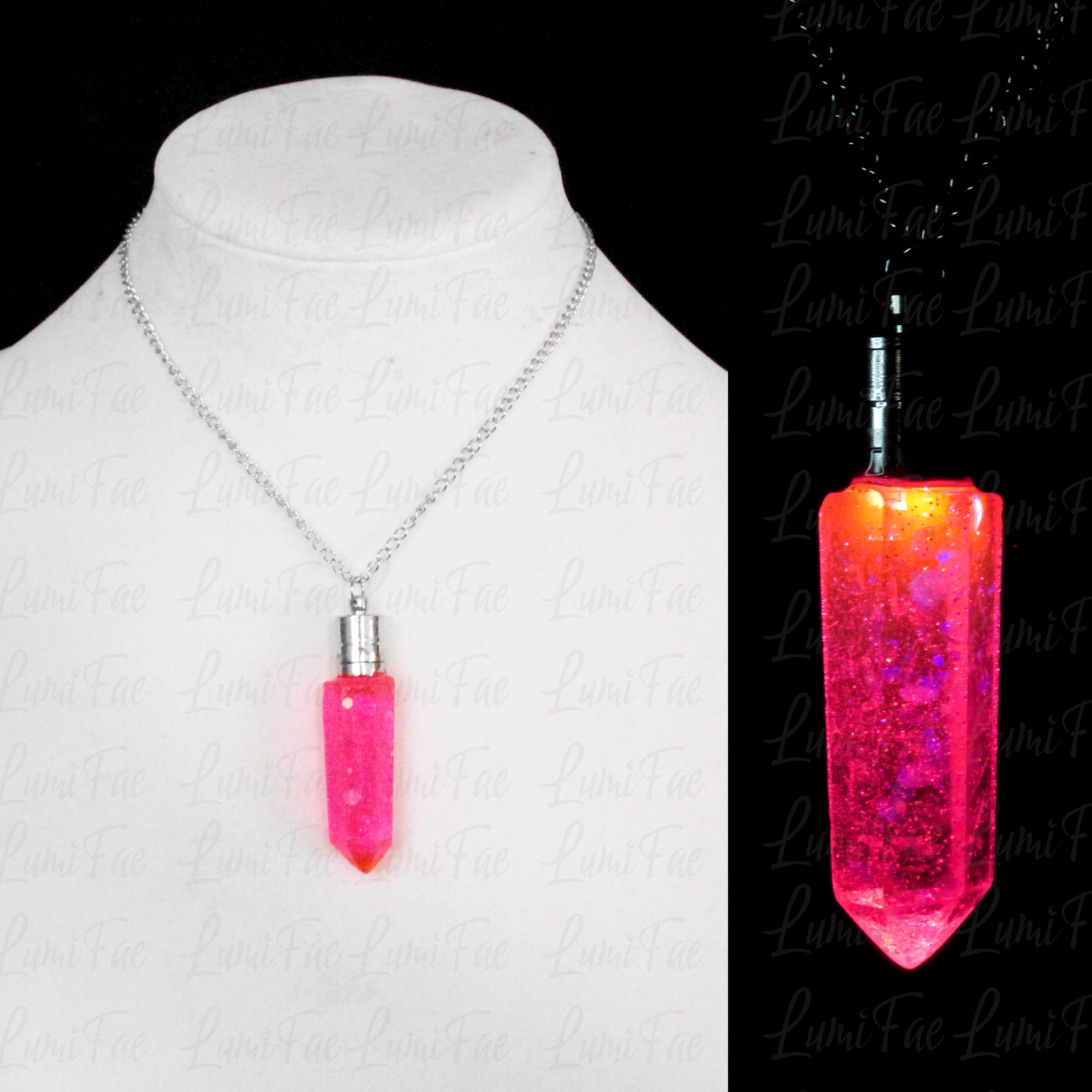 LED pink Glitter Crystal Necklace - adjustable chain, stainless steel, resin pendant, Handmade - LumiFae