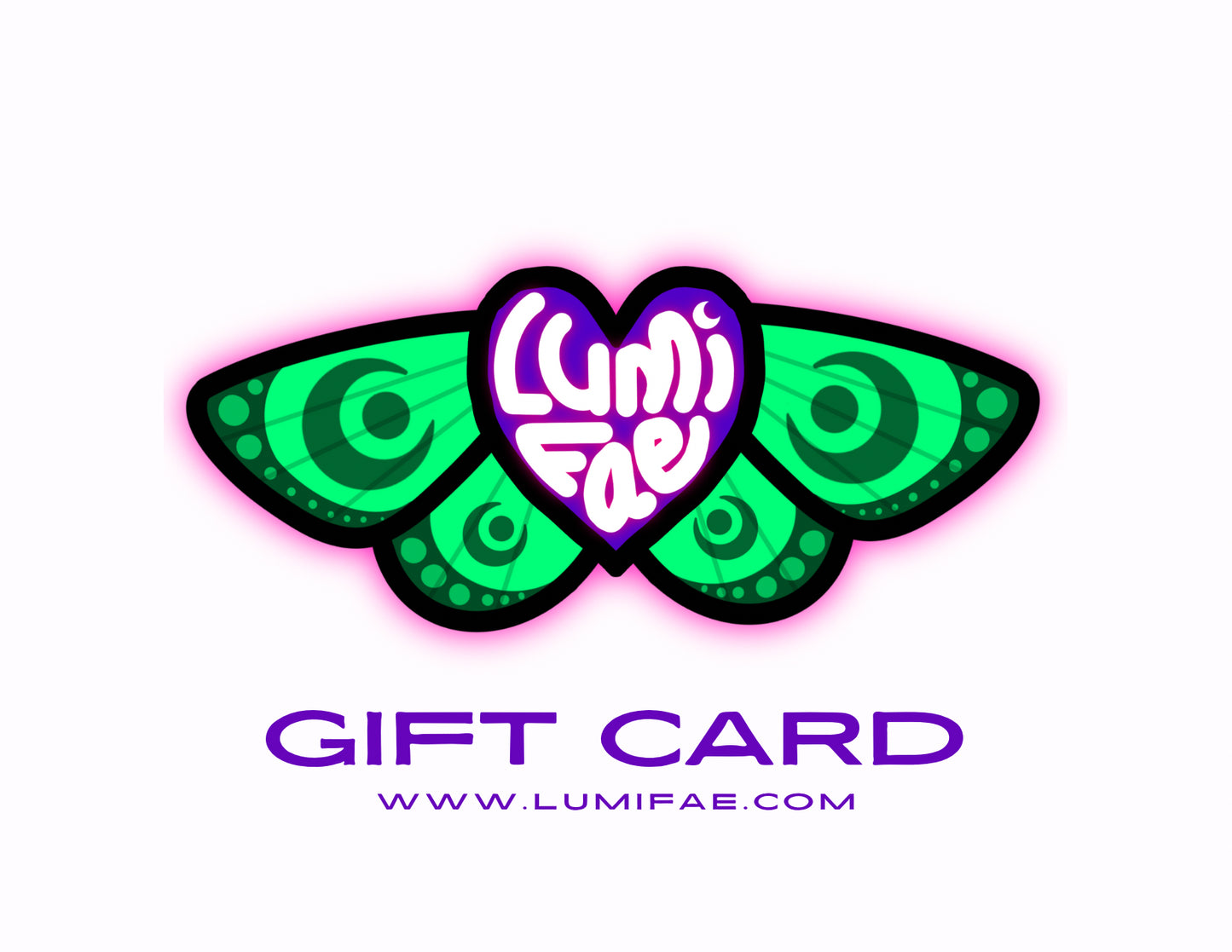 Lumifae gift card design with green and purple moth logo on a white background