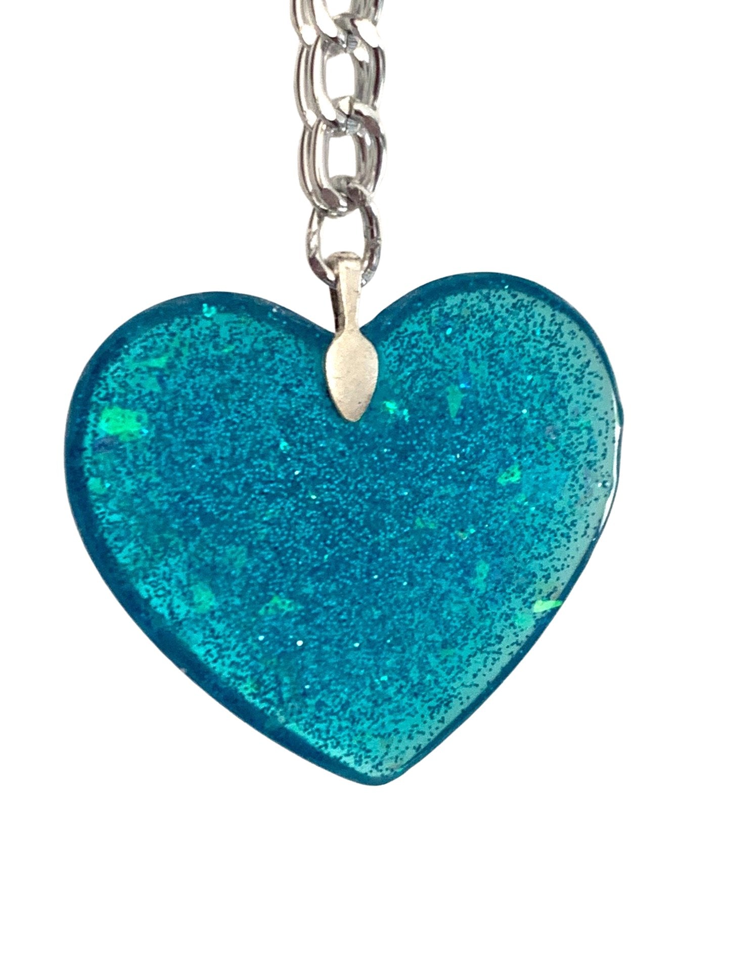 Big Blue Glitter Heart Pendant on thick lightweight, Silver Aluminum Chain, 2” - LumiFae