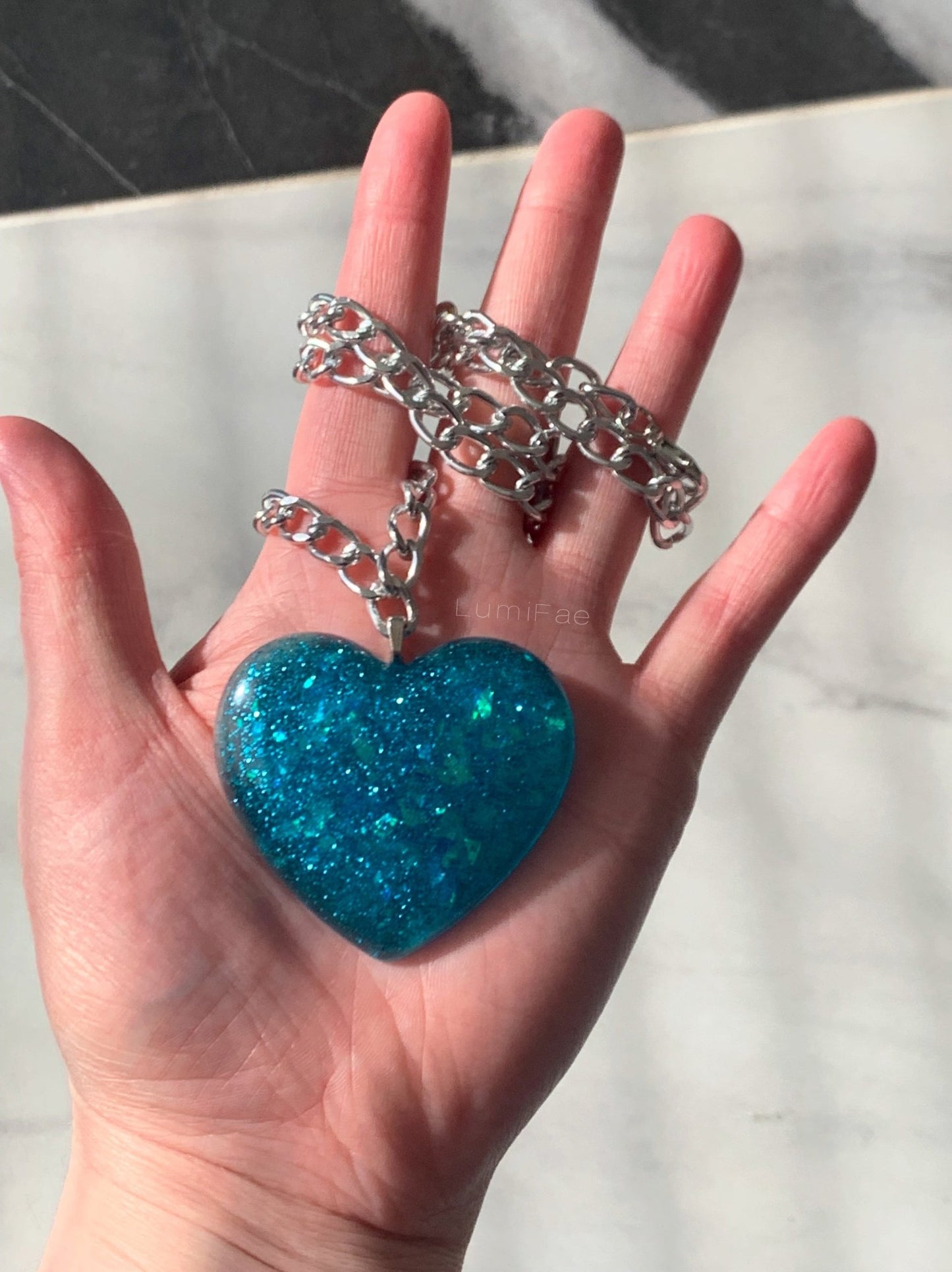 Big Blue Glitter Heart Pendant on thick lightweight, Silver Aluminum Chain, 2” - LumiFae