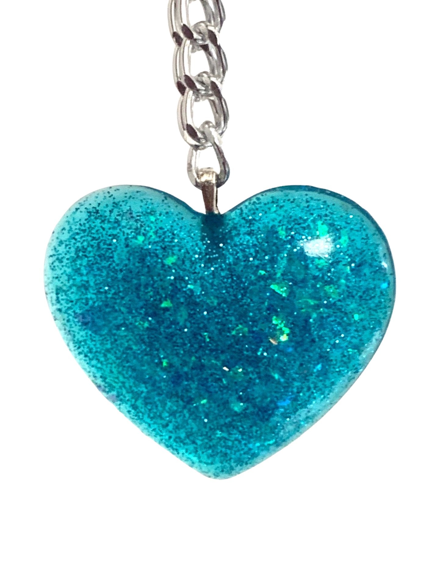 Big Blue Glitter Heart Pendant on thick lightweight, Silver Aluminum Chain, 2” - LumiFae