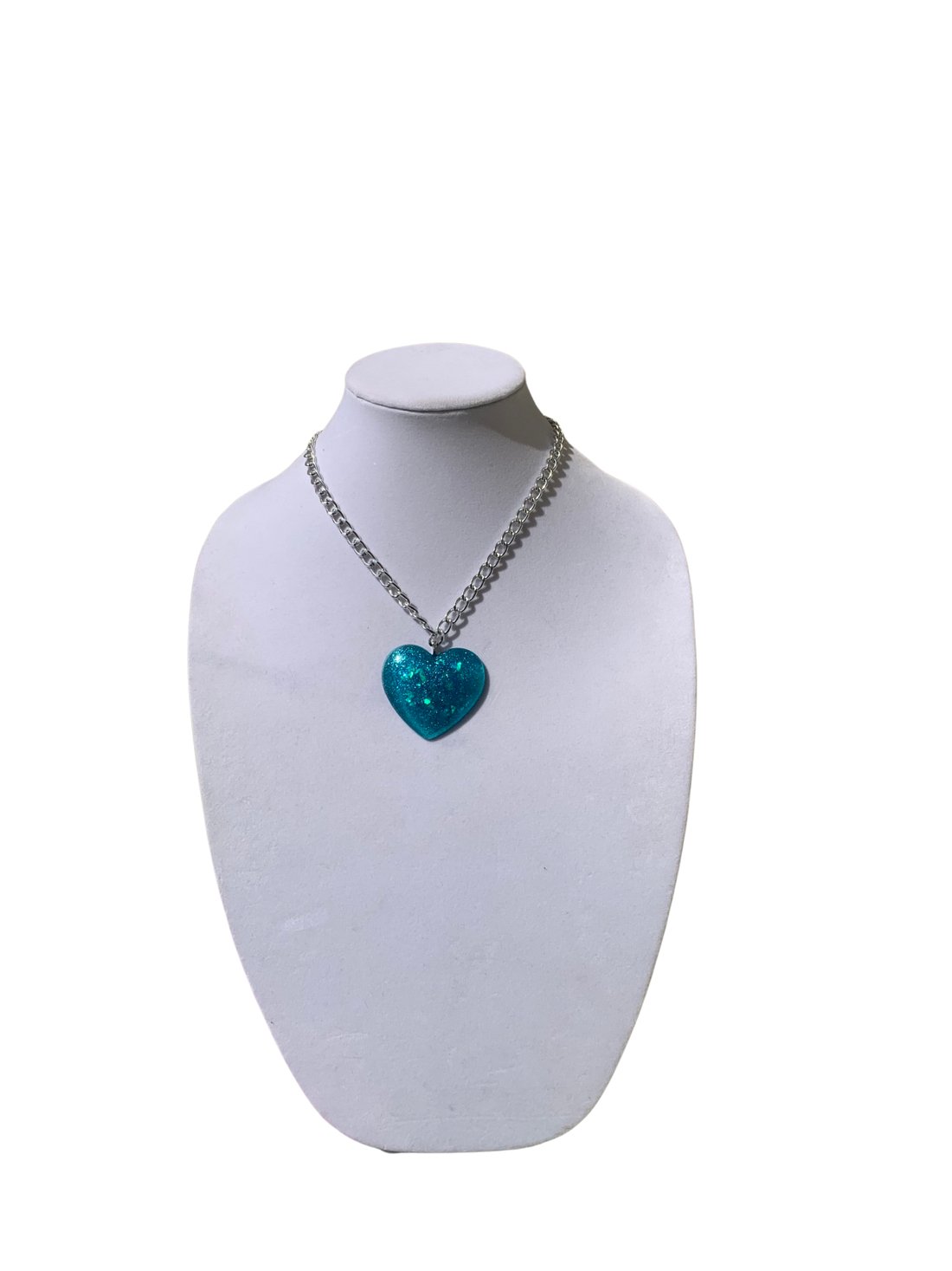 Big Blue Glitter Heart Pendant on thick lightweight, Silver Aluminum Chain, 2” - LumiFae