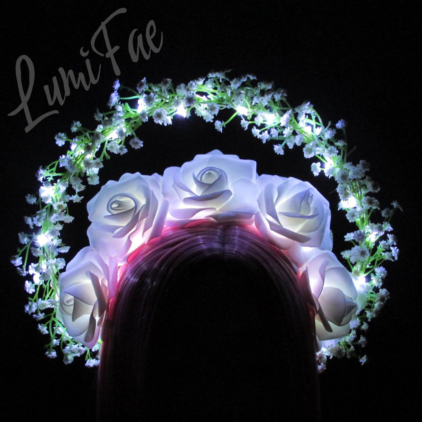 Glowing White Roses and Baby’s Breath Halo, Fairytale Bridal Crown - LumiFae
