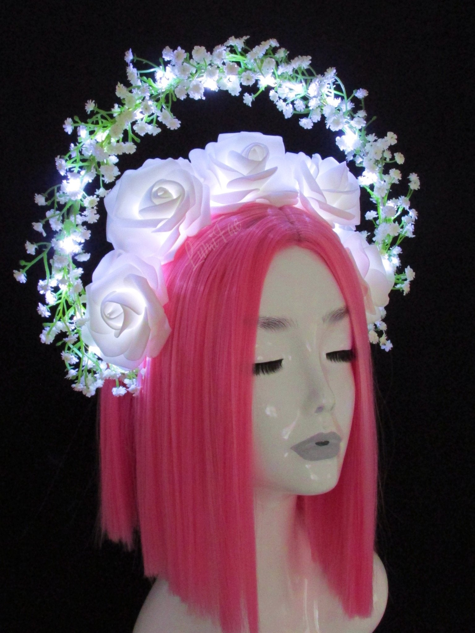 Glowing White Roses and Baby’s Breath Halo, Fairytale Bridal Crown - LumiFae