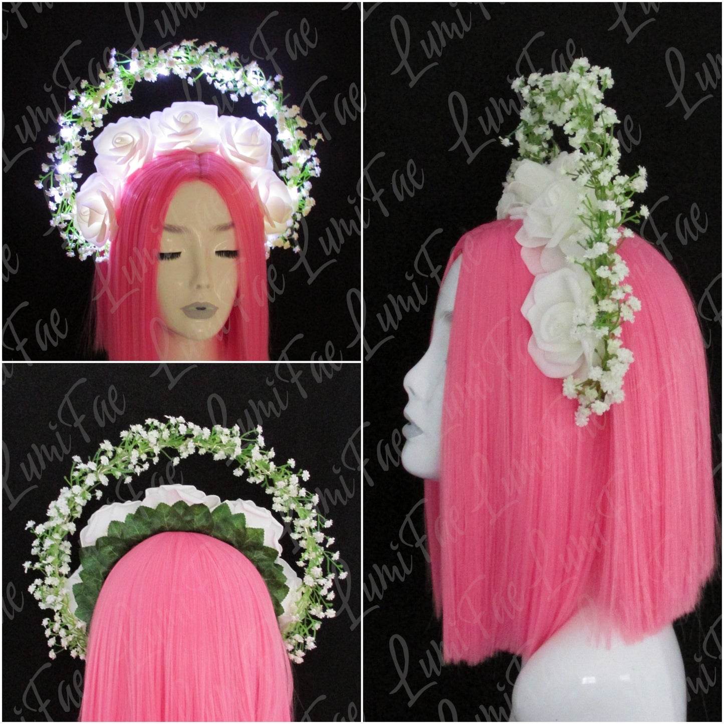 Glowing White Roses and Baby’s Breath Halo, Fairytale Bridal Crown - LumiFae
