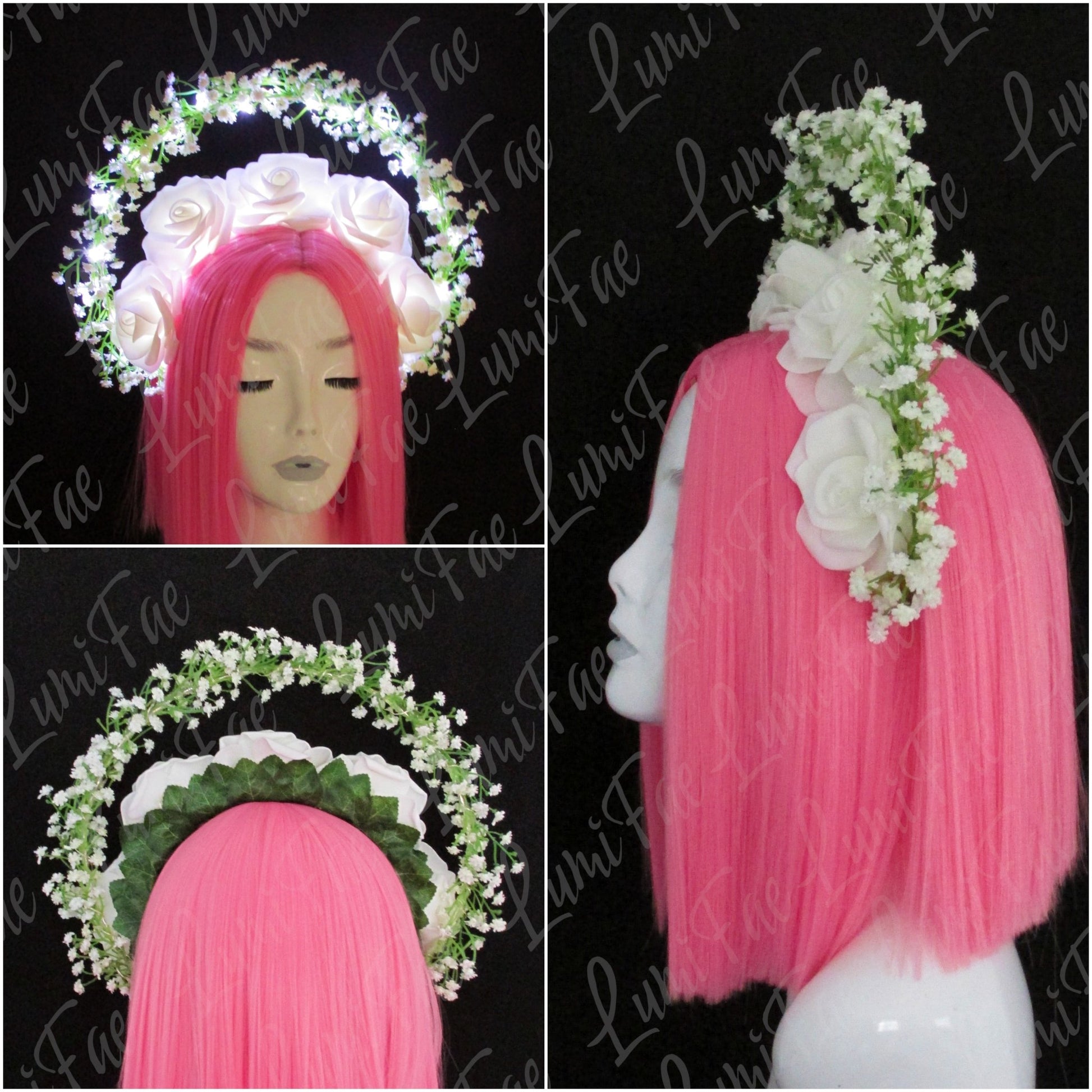 Glowing White Roses and Baby’s Breath Halo, Fairytale Bridal Crown - LumiFae