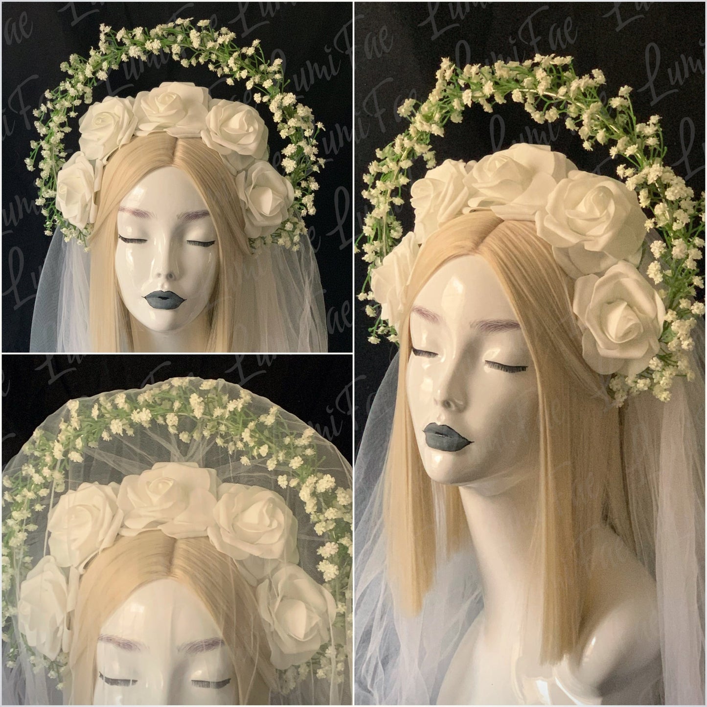 Glowing White Roses and Baby’s Breath Halo, Fairytale Bridal Crown - LumiFae